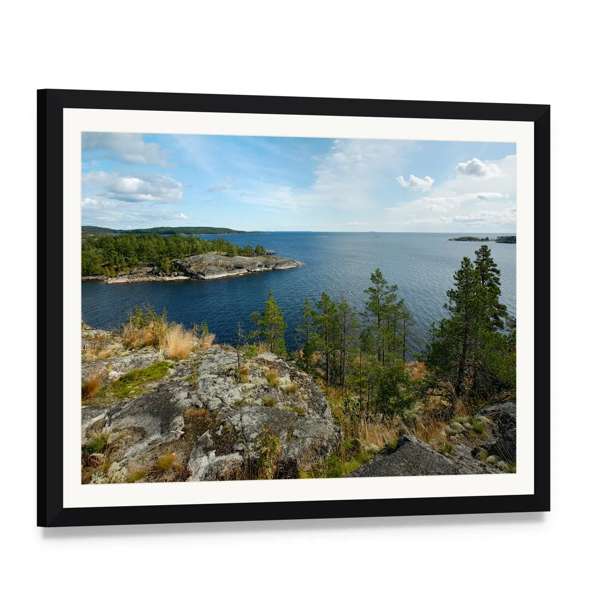Lake Ladoga with Forested Islands Canvas Wall Art, framed print with white mat and black frame, angled product view