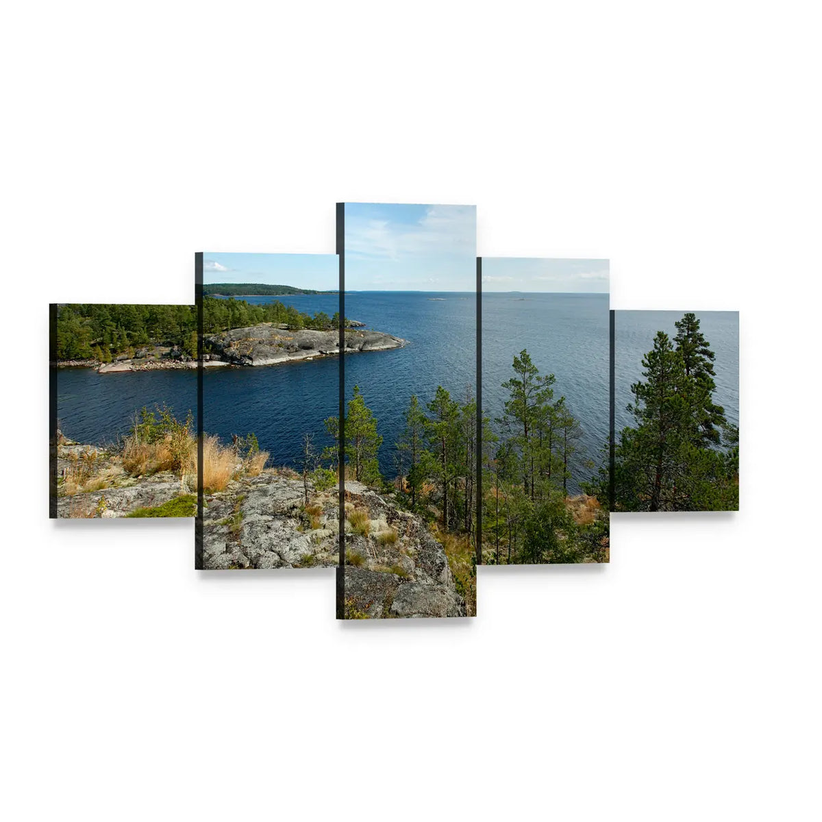 Lake Ladoga with Forested Islands Canvas Wall Art, 5 panel 5 Star layout gallery wrapped canvas set, angled product view