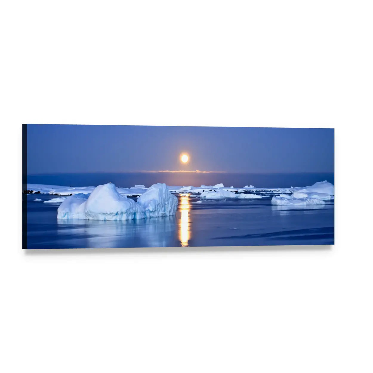 Full Moon Over Antarctic Icebergs Panoramic Canvas Wall Art, single panel gallery wrapped canvas, angled product view