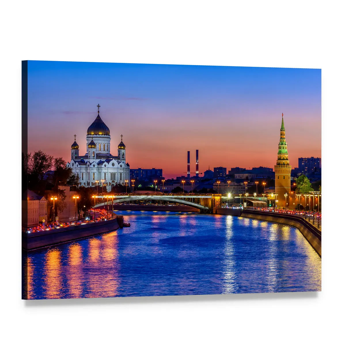 Moscow River Cathedral at Dusk Canvas Wall Art, single panel gallery wrapped canvas, angled product view