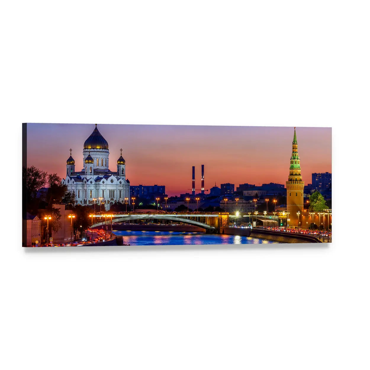 Cathedral and Kremlin on Moscow River at Dusk Panoramic Canvas Wall Art, single panel gallery wrapped canvas, angled product view