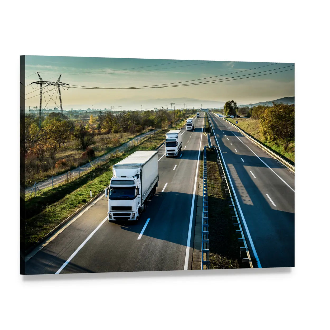 Caravan of White Trucks on Highway Canvas Wall Art, single panel gallery wrapped canvas, angled product view