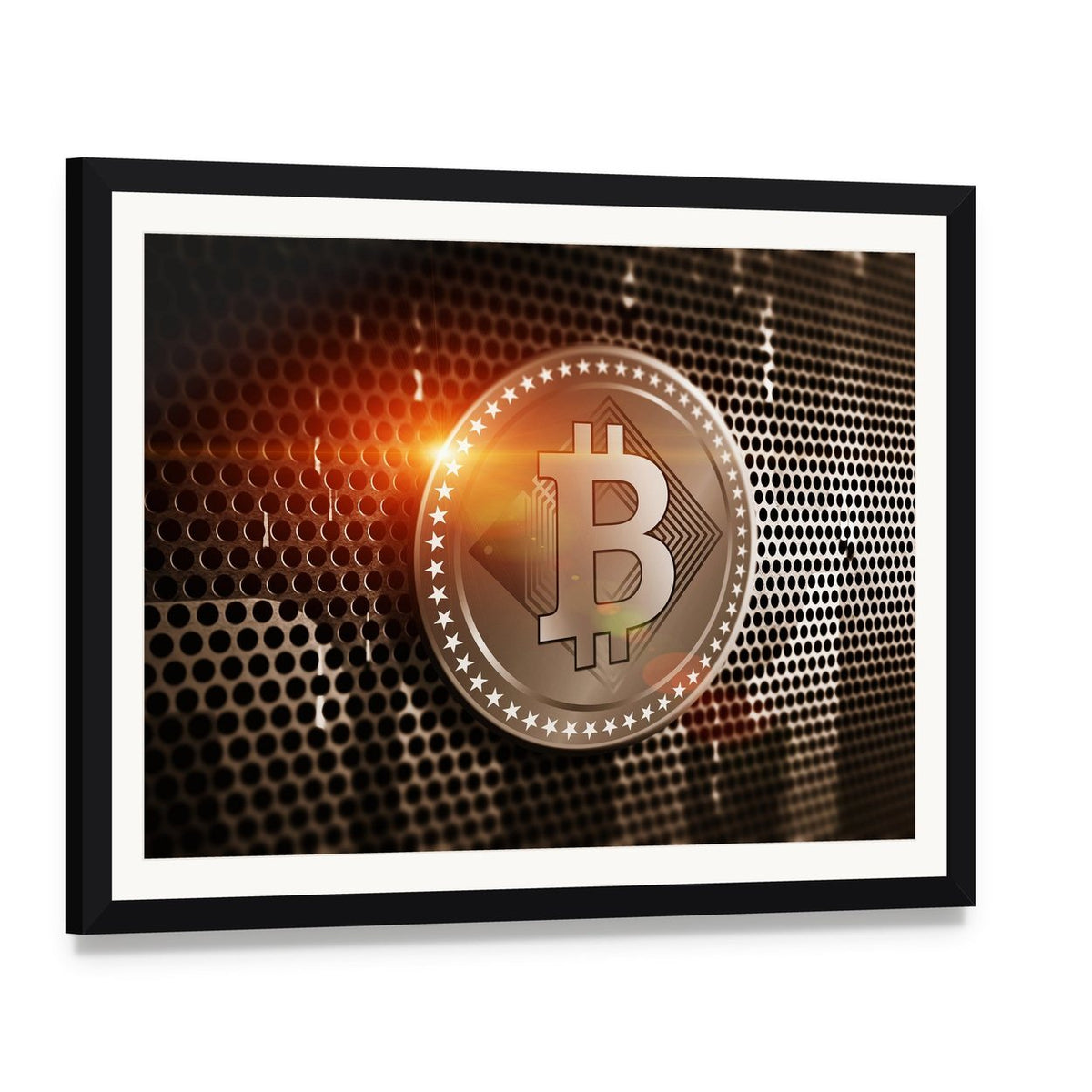 Bitcoin Logo on Perforated Metal Canvas Wall Art, framed print with white mat and black frame, angled product view