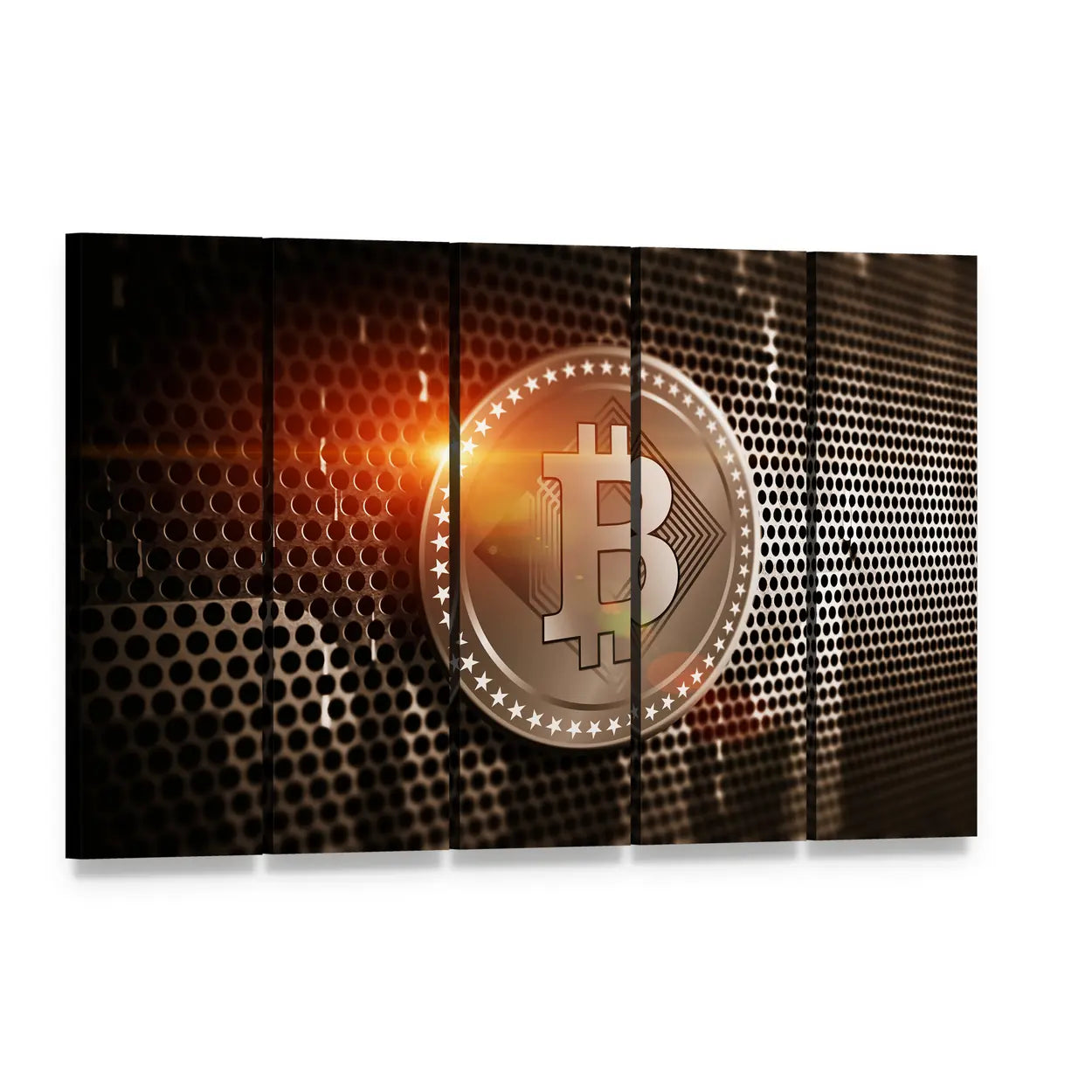 Bronze Bitcoin on Perforated Metal Sheet Canvas Wall Art, 5 panel 5 Horizontal layout gallery wrapped canvas set, angled product view