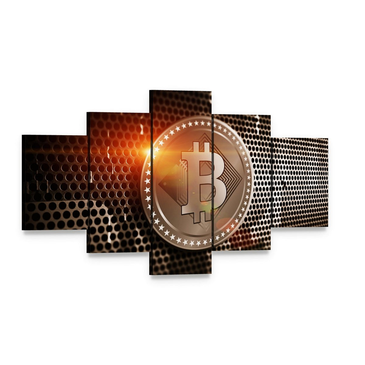Bitcoin Logo on Perforated Metal Canvas Wall Art, 5 panel 5 Star layout gallery wrapped canvas set, angled product view