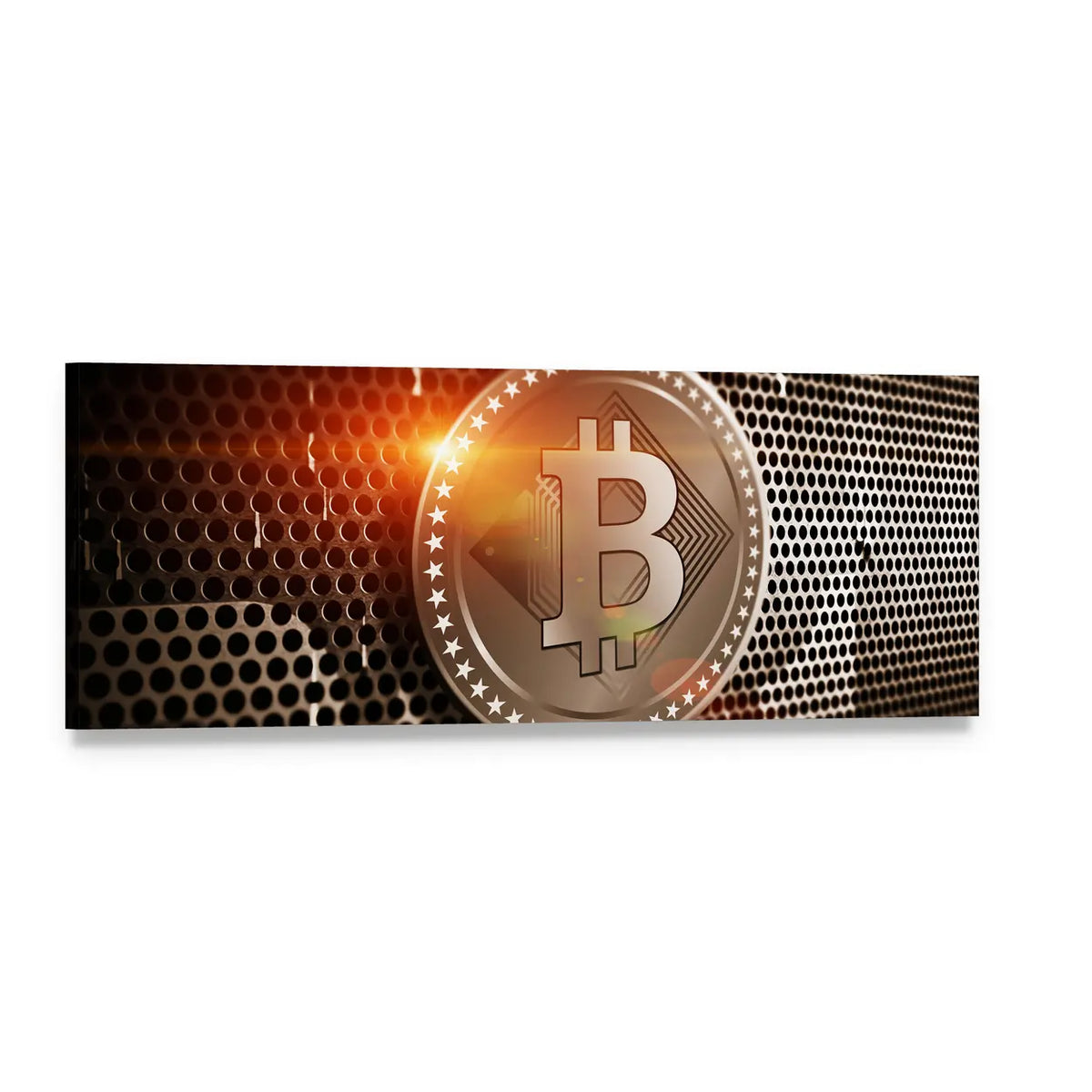 Bitcoin Coin on Perforated Metal Panoramic Canvas Wall Art, single panel gallery wrapped canvas, angled product view
