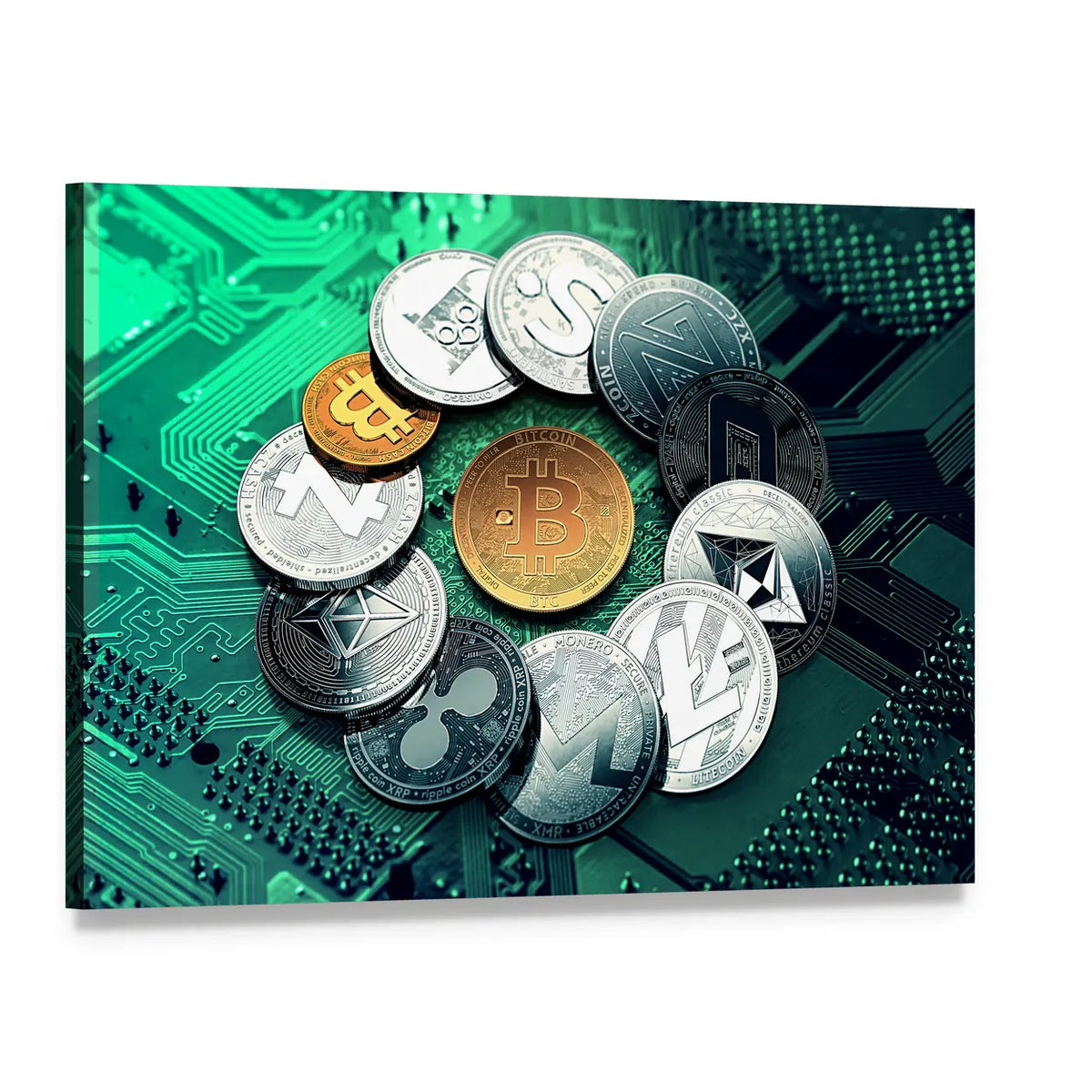 Layered Cryptocurrency Coins on Circuit Board Canvas Wall Art, single panel gallery wrapped canvas, angled product view