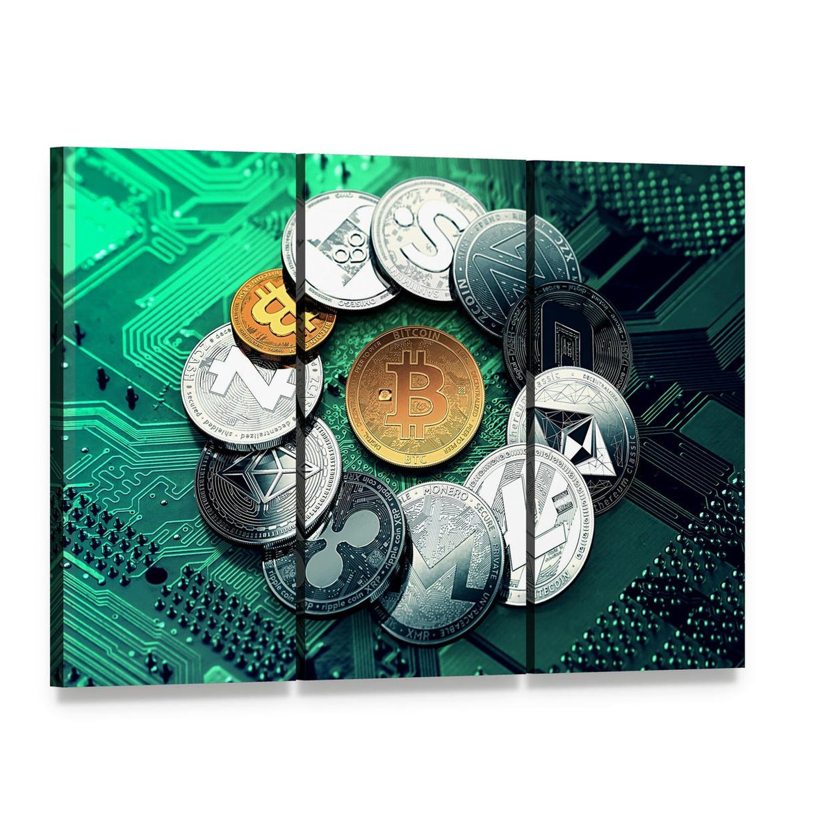 Bitcoin and Cryptocurrency Coins on Circuit Board Canvas Wall Art, 3 panel 3 Horizontal layout gallery wrapped canvas set, angled product view
