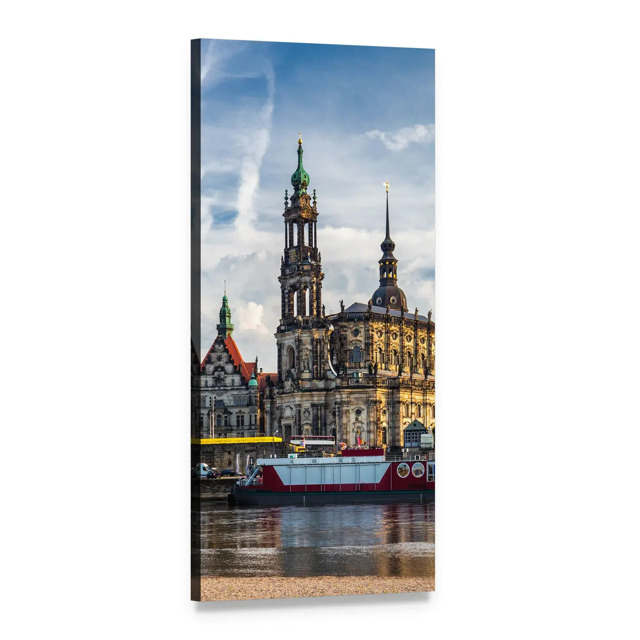 Augustus Bridge and Dresden Cathedral Vertical Canvas Wall Art, 1 panel 1 Vertical layout gallery wrapped canvas set, angled product view