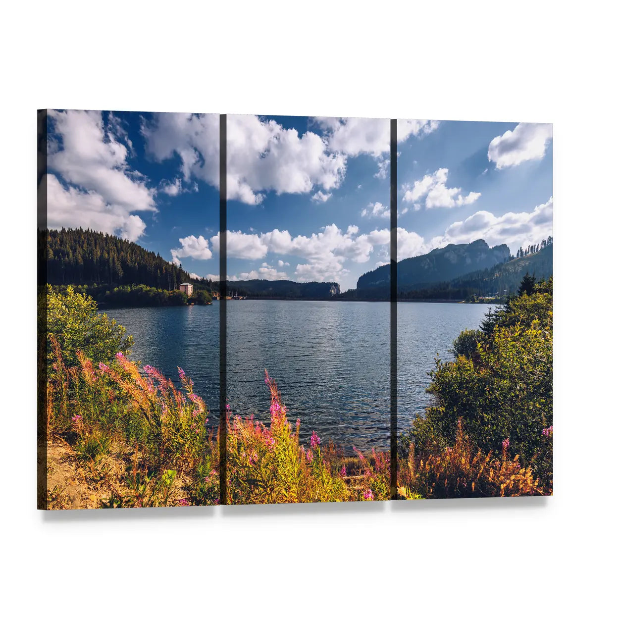 View to Bolboci Lake Canvas Wall Art, 3 panel 3 Horizontal layout gallery wrapped canvas set, angled product view