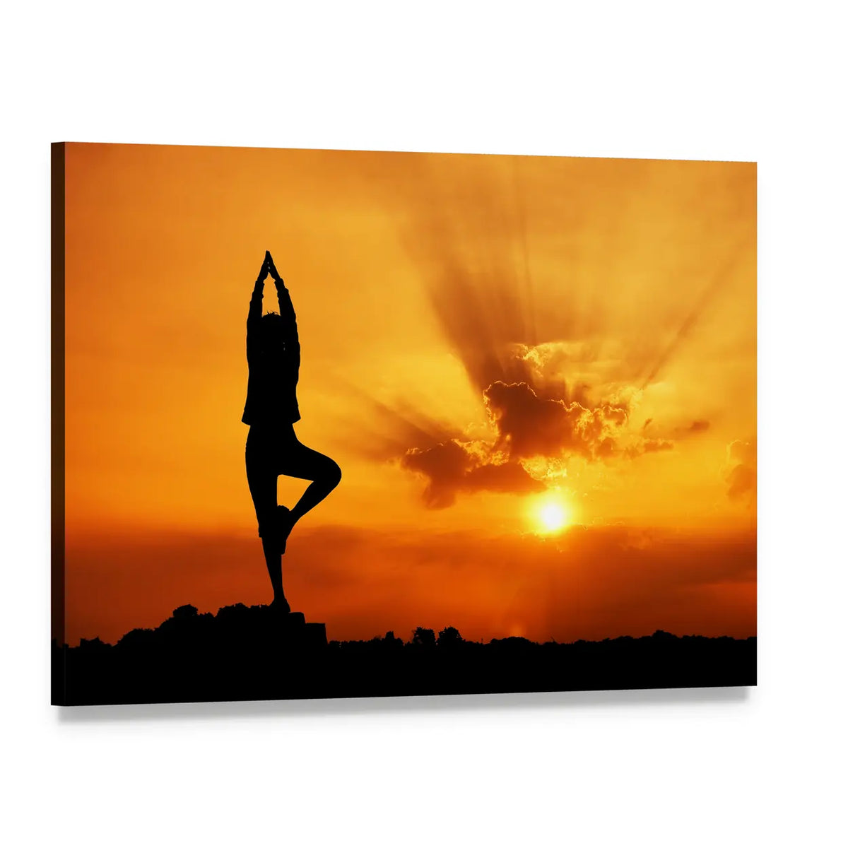 Tree Pose Silhouette at Sunset Canvas Wall Art, single panel gallery wrapped canvas, angled product view