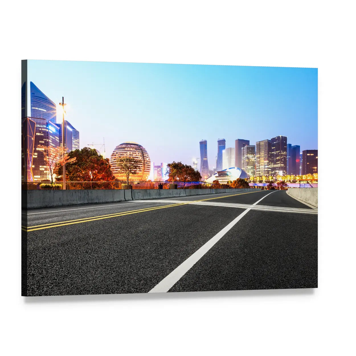 Dusk City Skyline with Spherical Tower Canvas Wall Art, single panel gallery wrapped canvas, angled product view