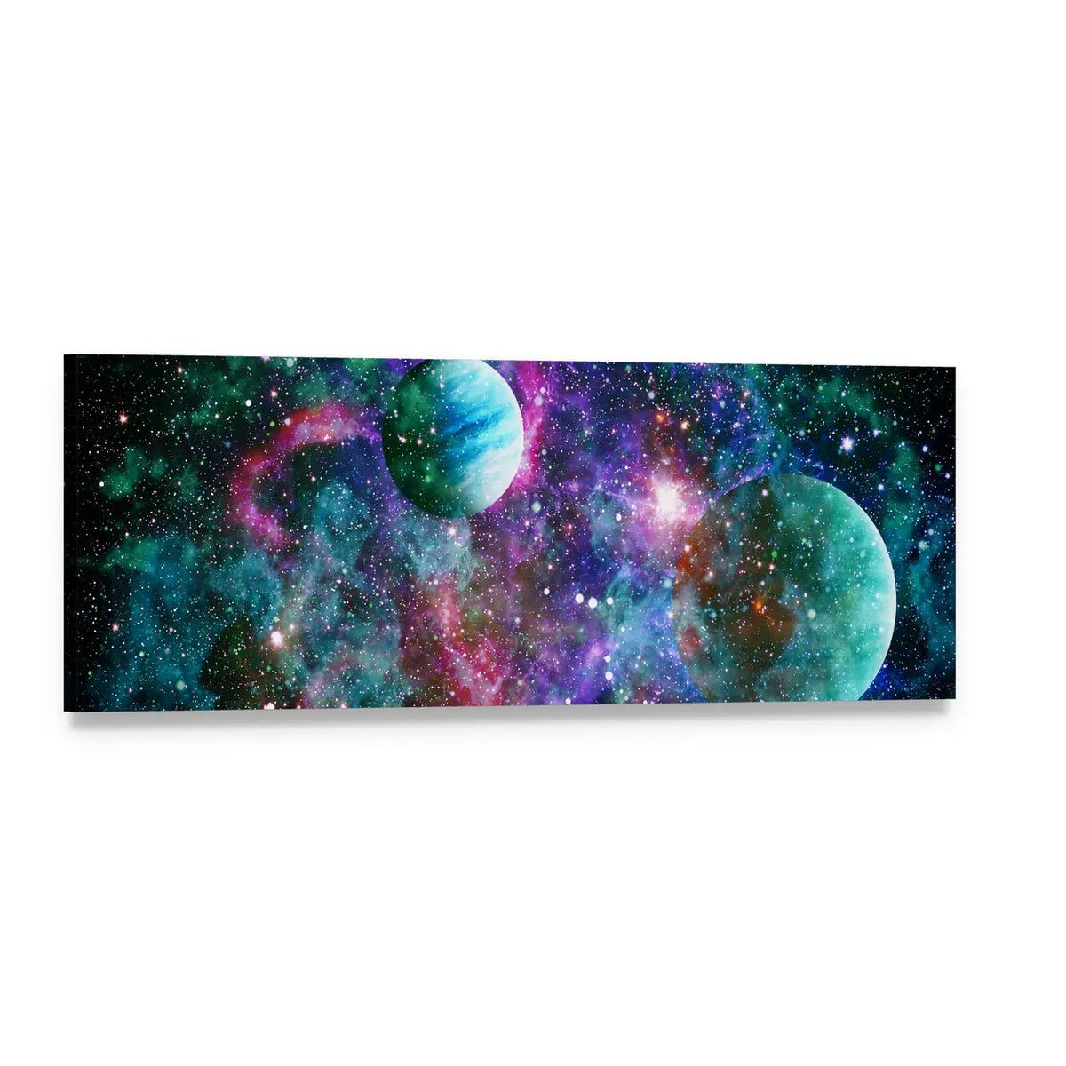 Twin Planets Amid Nebula and Stars Panoramic Canvas Wall Art, single panel gallery wrapped canvas, angled product view