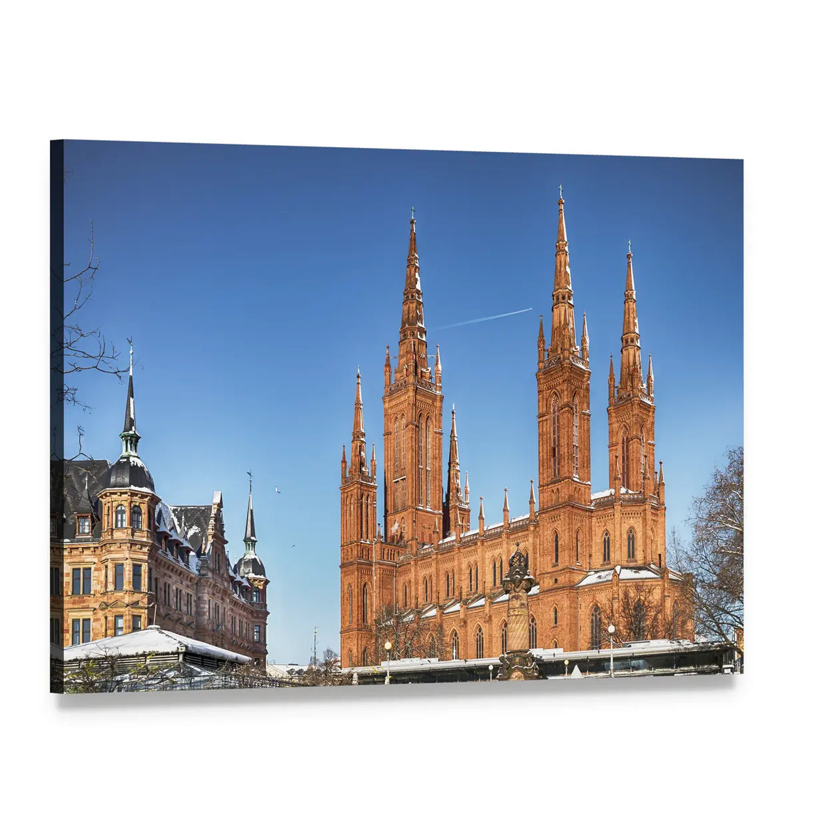 Market Church and Town Hall, Snowy Square Canvas Wall Art, single panel gallery wrapped canvas, angled product view