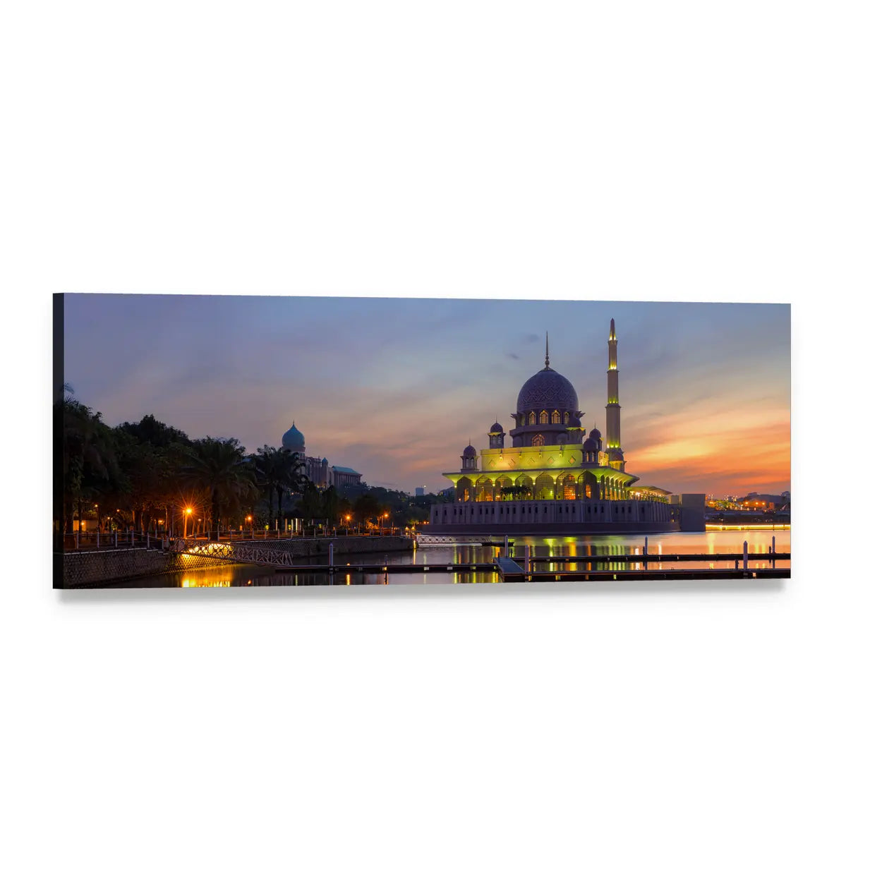 Putra Mosque Waterfront at Dusk Panoramic Canvas Wall Art, single panel gallery wrapped canvas, angled product view