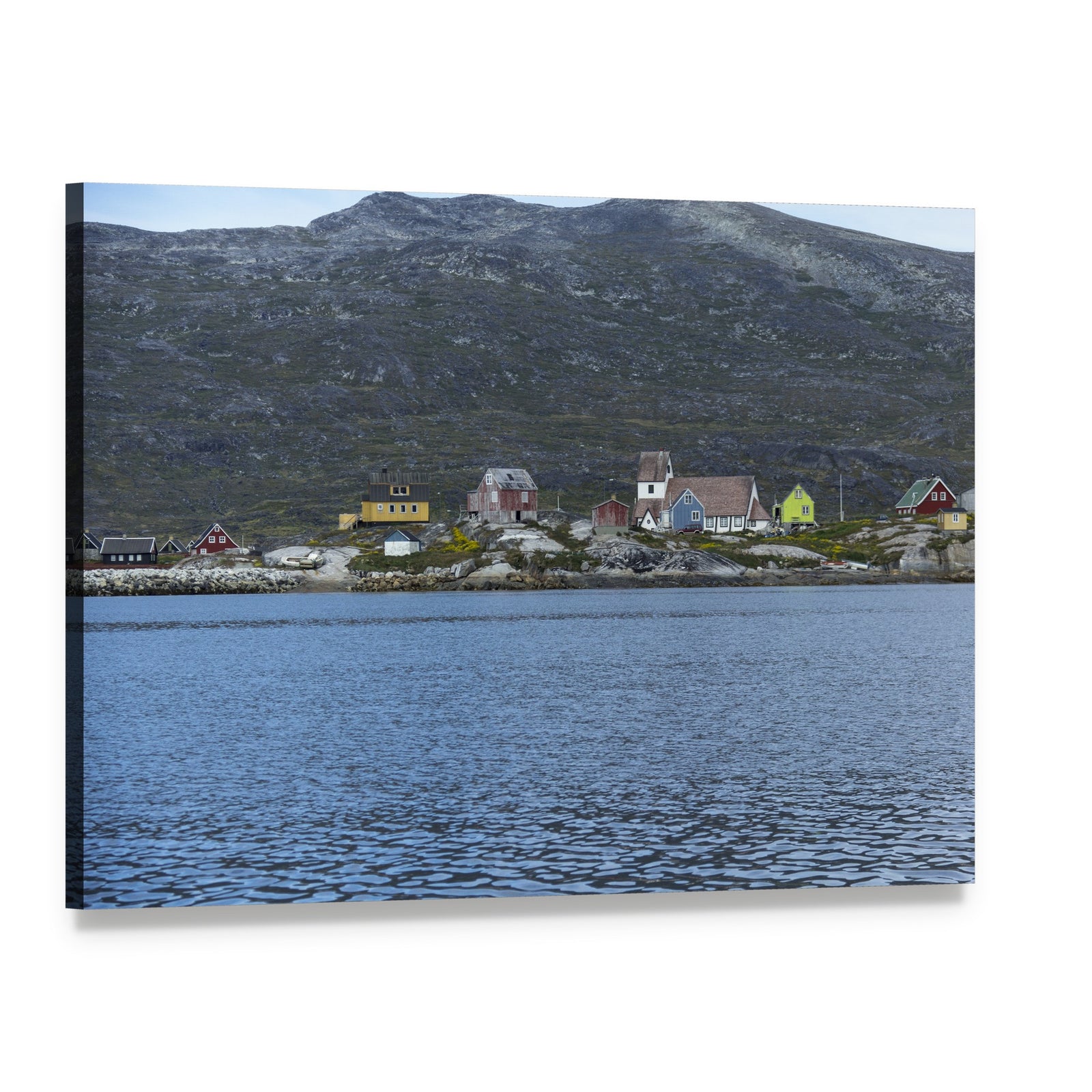 South Greenland Coastal Village Canvas Wall Art, single panel gallery wrapped canvas, angled product view