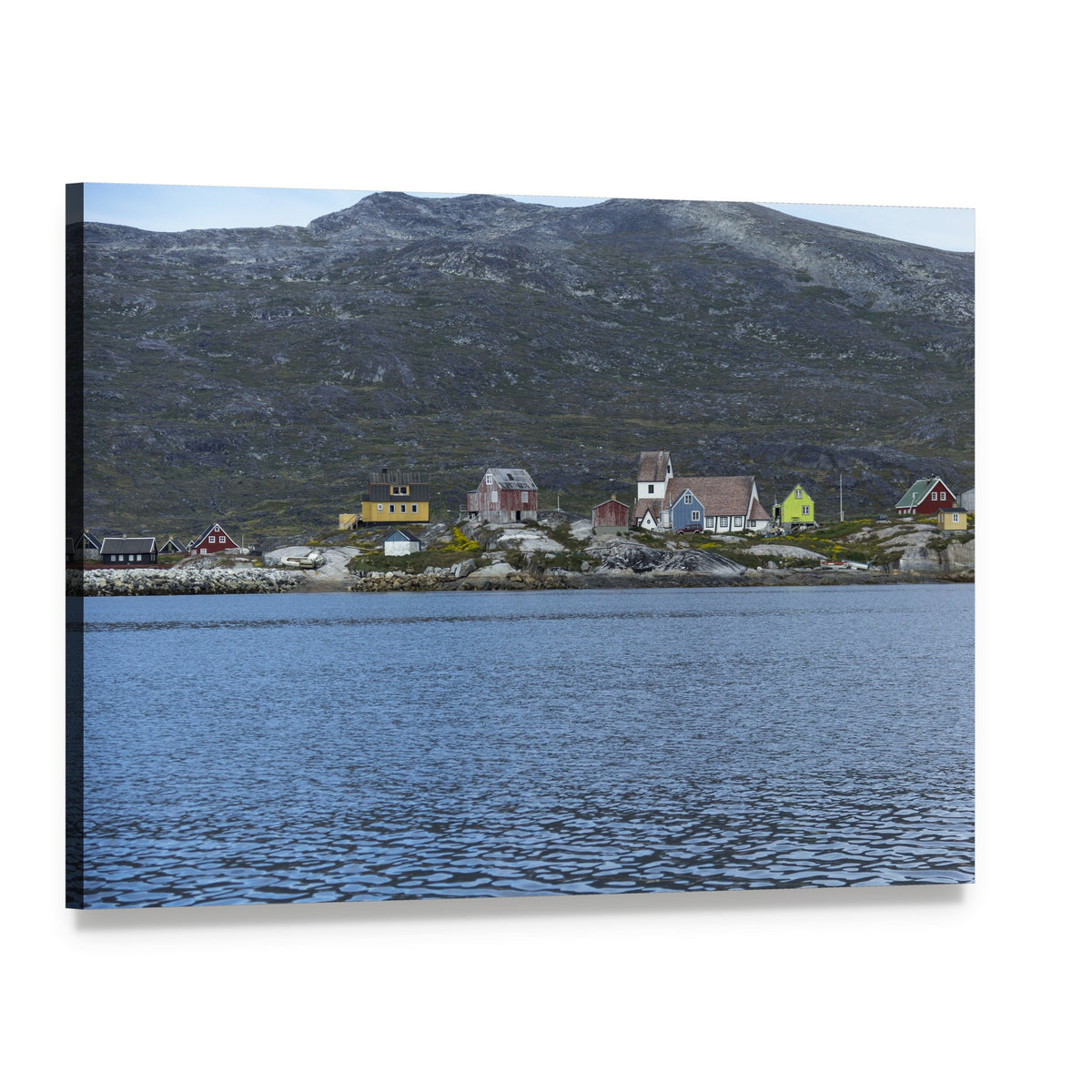 South Greenland Coastal Village Canvas Wall Art, single panel gallery wrapped canvas, angled product view