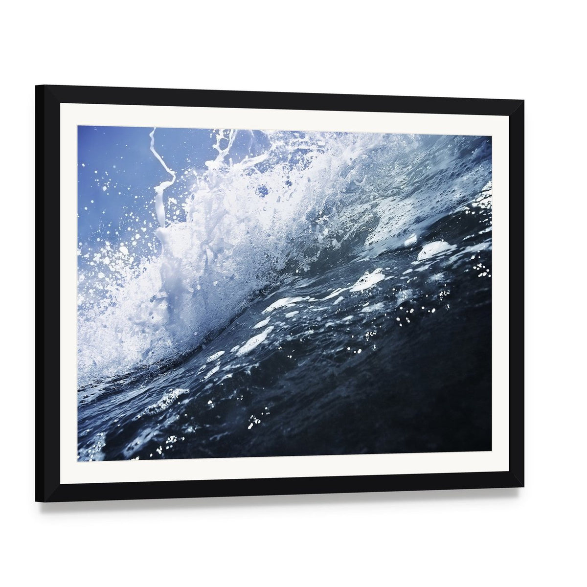 Deep Sea Wave Canvas Wall Art, framed print with white mat and black frame, angled product view