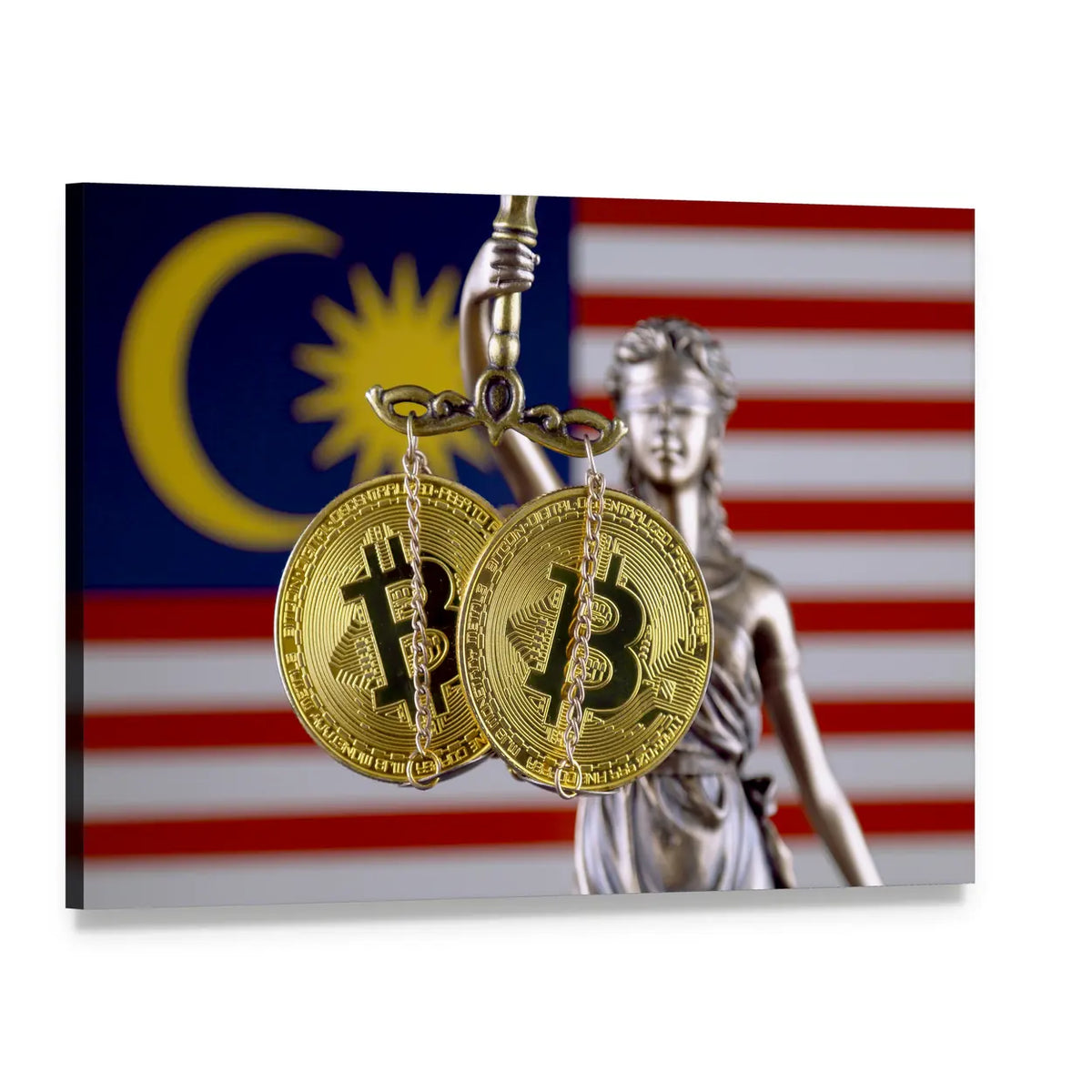Malaysia Flag with Bitcoin Scales Canvas Wall Art, single panel gallery wrapped canvas, angled product view