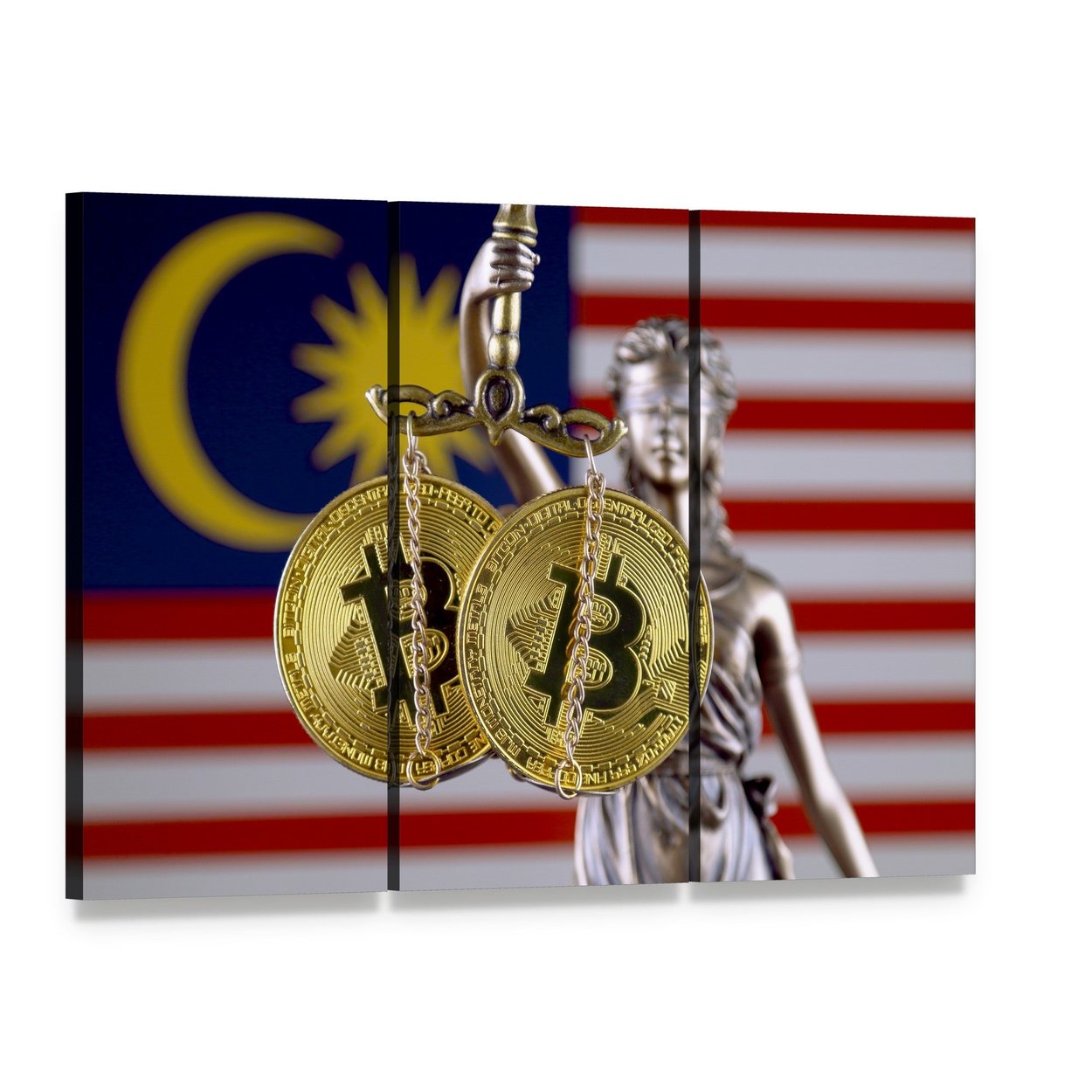 Lady Justice with Bitcoin Scales on Malaysian Flag Canvas Wall Art, 3 panel 3 Horizontal layout gallery wrapped canvas set, angled product view