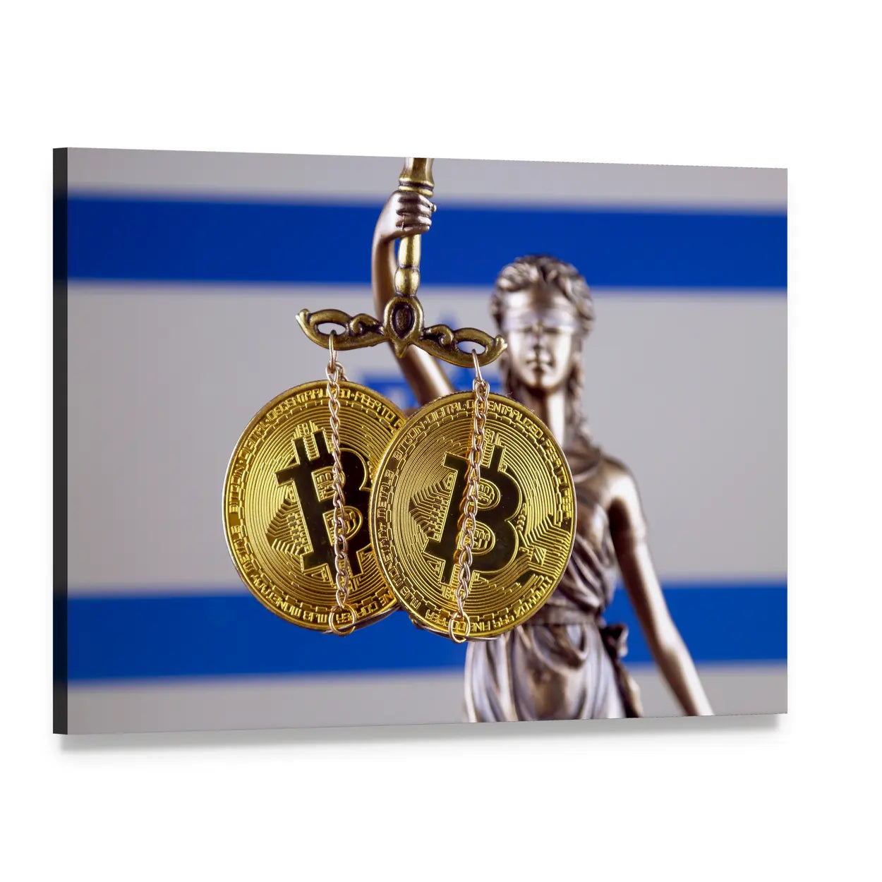 Lady Justice with Bitcoin Scales and Israeli Flag Canvas Wall Art, single panel gallery wrapped canvas, angled product view
