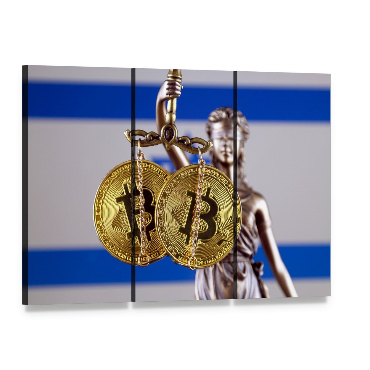 Lady Justice with Bitcoin Over Israeli Flag Canvas Wall Art, 3 panel 3 Horizontal layout gallery wrapped canvas set, angled product view