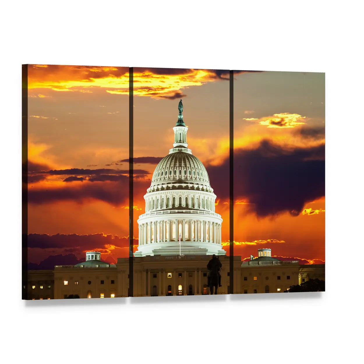 United States Capitol at Sunset Washington Dc Canvas Wall Art, 3 panel 3 Horizontal layout gallery wrapped canvas set, angled product view