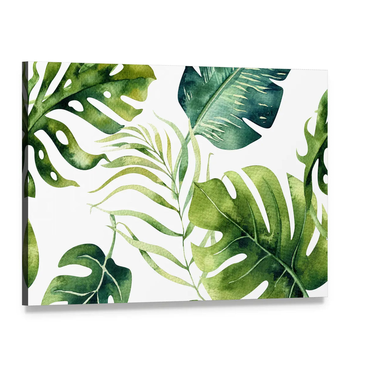 Tropical Monstera and Palm Leaves Canvas Wall Art, single panel gallery wrapped canvas, angled product view