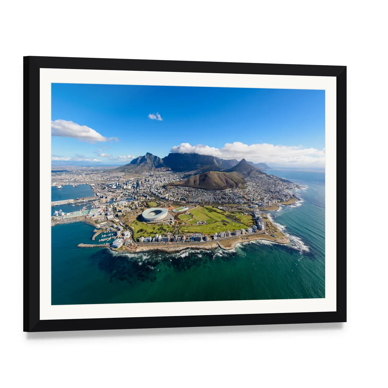 Aerial View of Cape Town Canvas Wall Art, framed print with white mat and black frame, angled product view