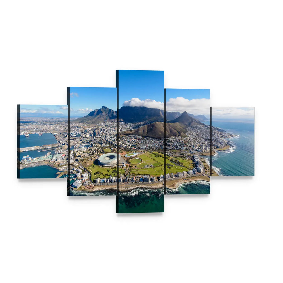 Aerial View of Cape Town Canvas Wall Art, 5 panel 5 Star layout gallery wrapped canvas set, angled product view