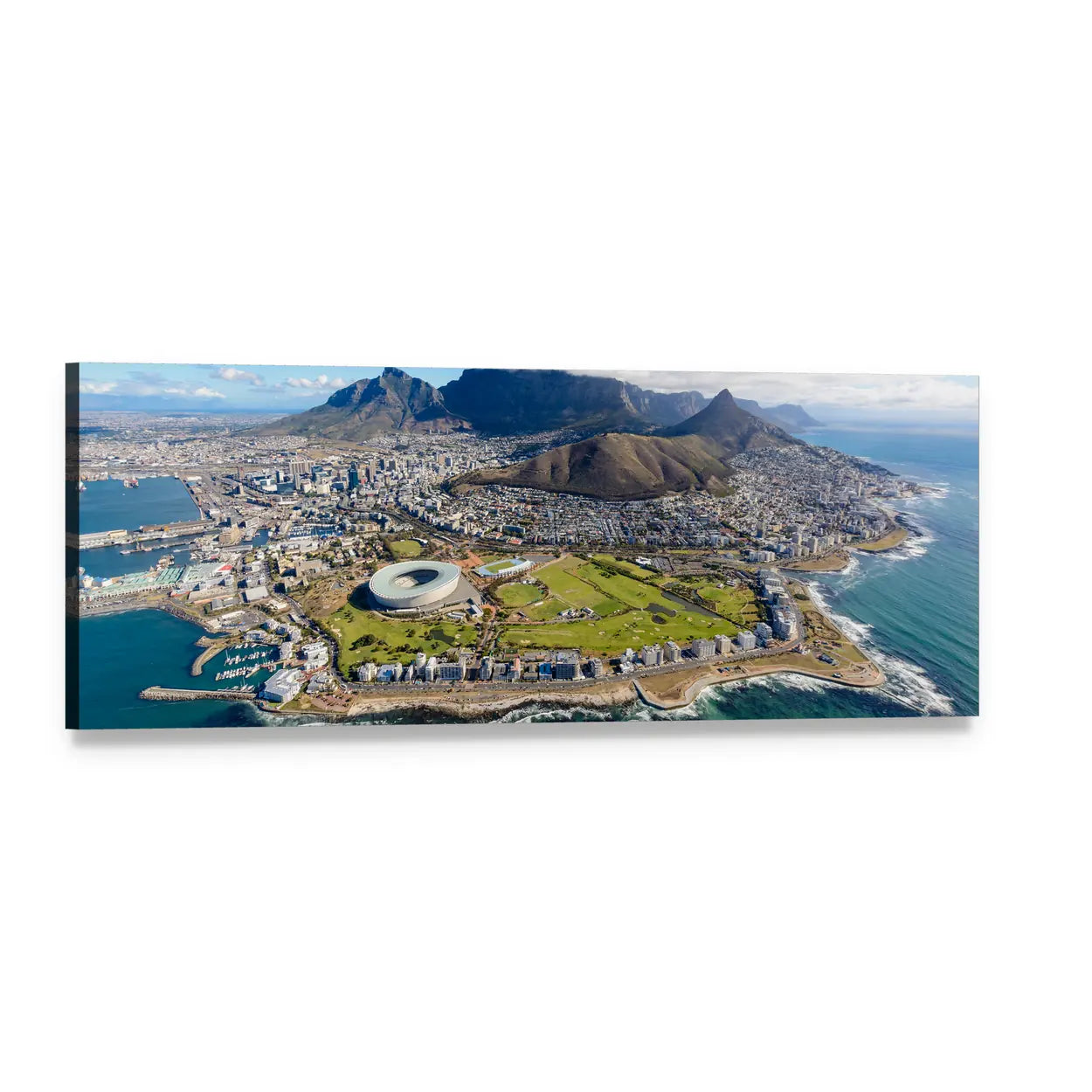 Aerial View of Cape Town Panoramic Canvas Wall Art, single panel gallery wrapped canvas, angled product view