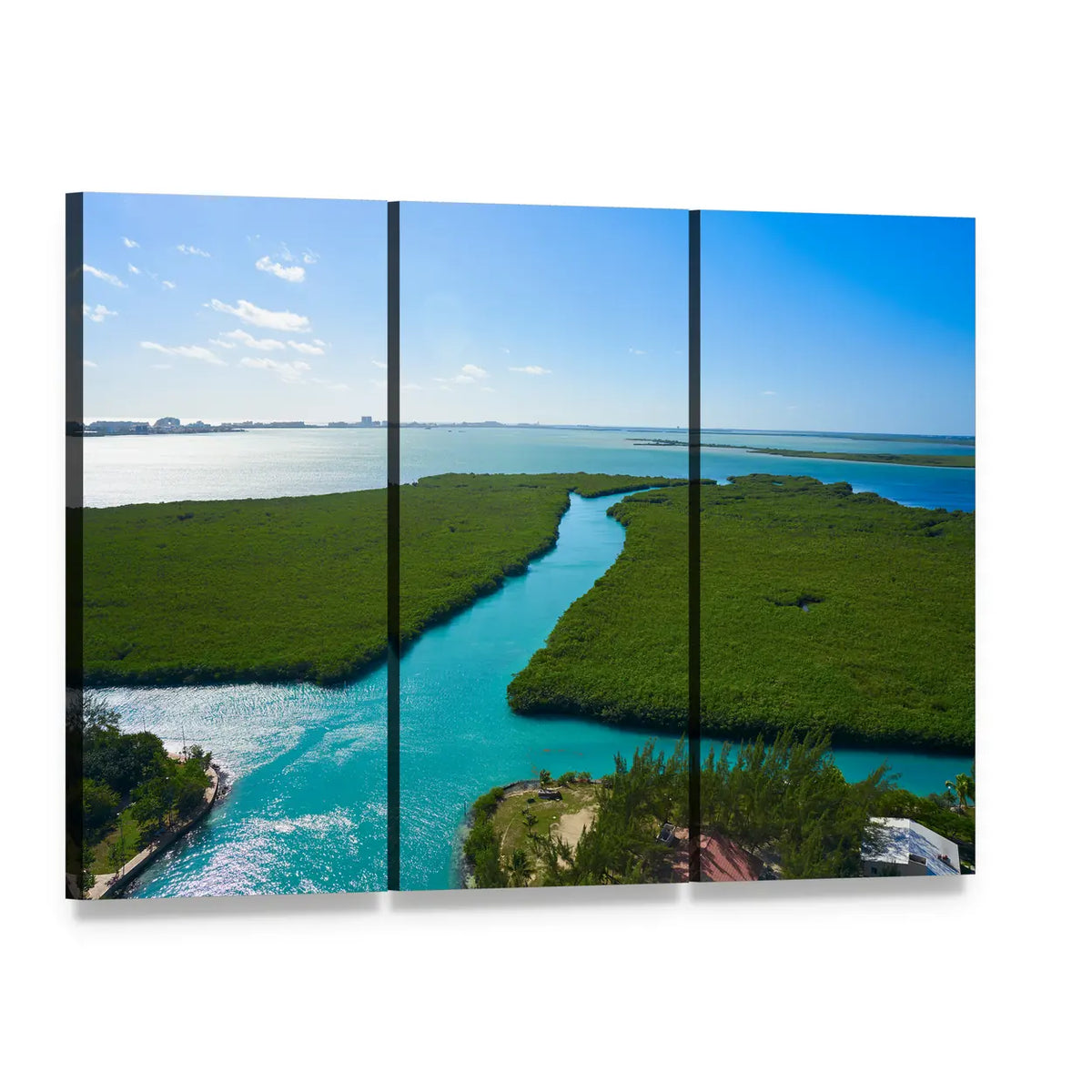 Winding Turquoise River Through Mangroves Canvas Wall Art, 3 panel 3 Horizontal layout gallery wrapped canvas set, angled product view