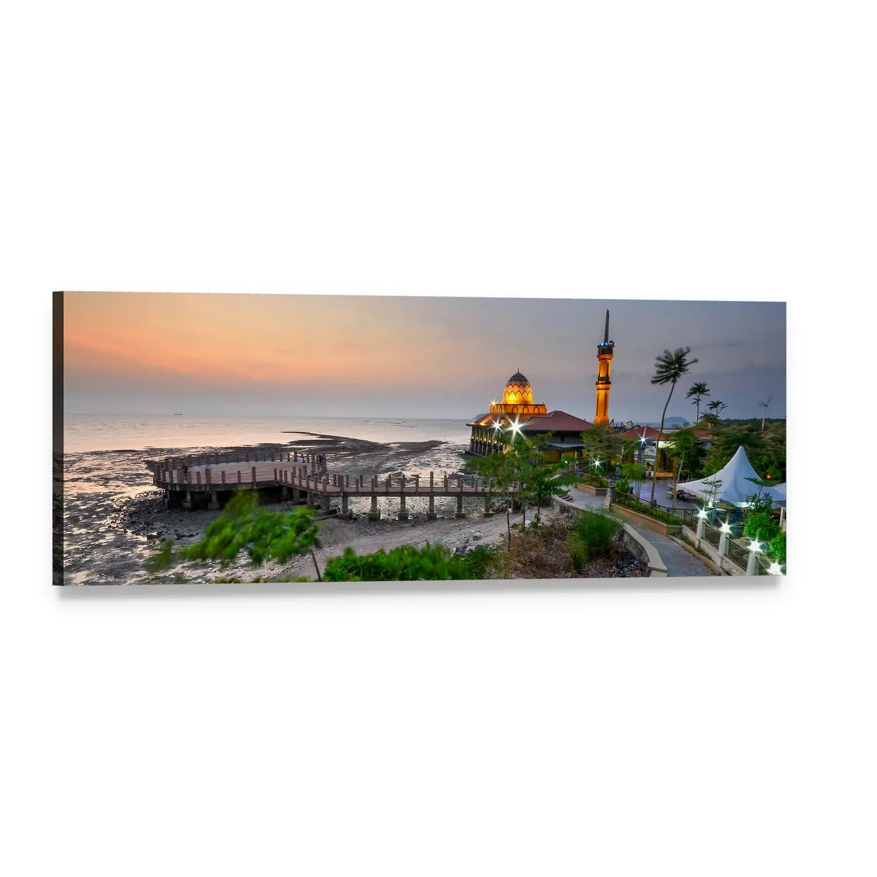 Al Hussein Mosque Golden Dusk Panoramic Canvas Wall Art, single panel gallery wrapped canvas, angled product view