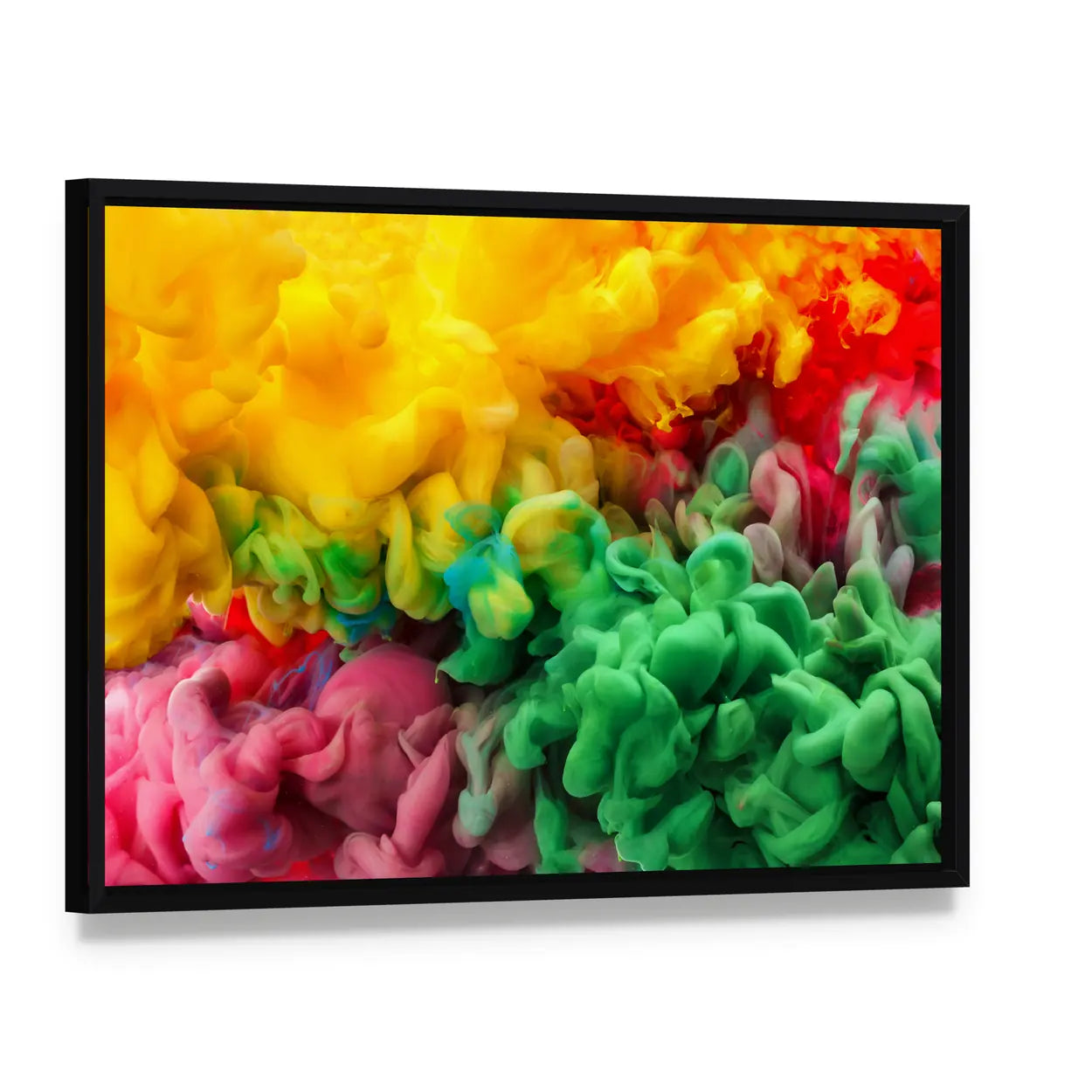 Colorful Acrylic Ink Canvas Wall Art, framed canvas in a black floater frame, angled product view