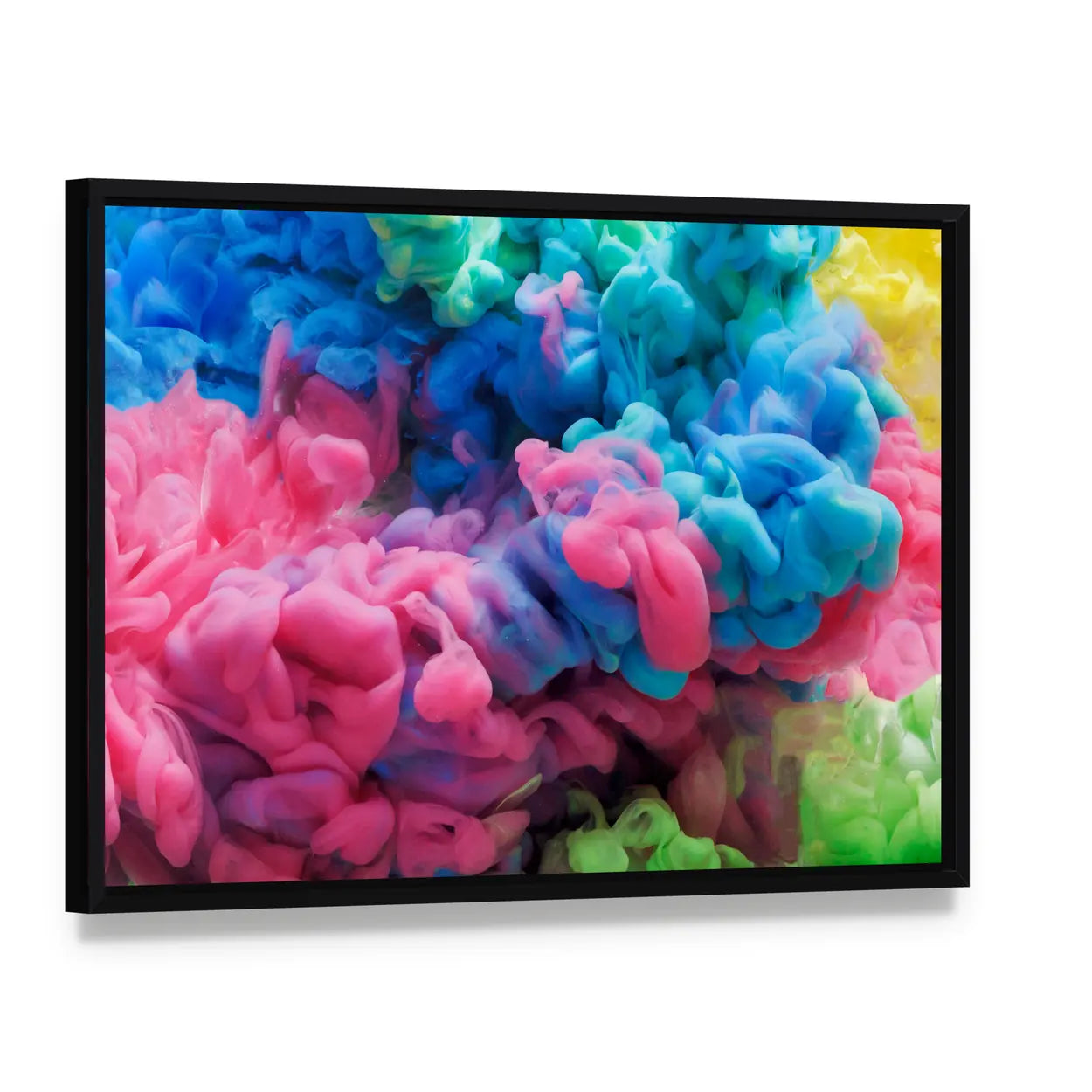 Colorful Acrylic Ink Swirls Canvas Wall Art, framed canvas in a black floater frame, angled product view