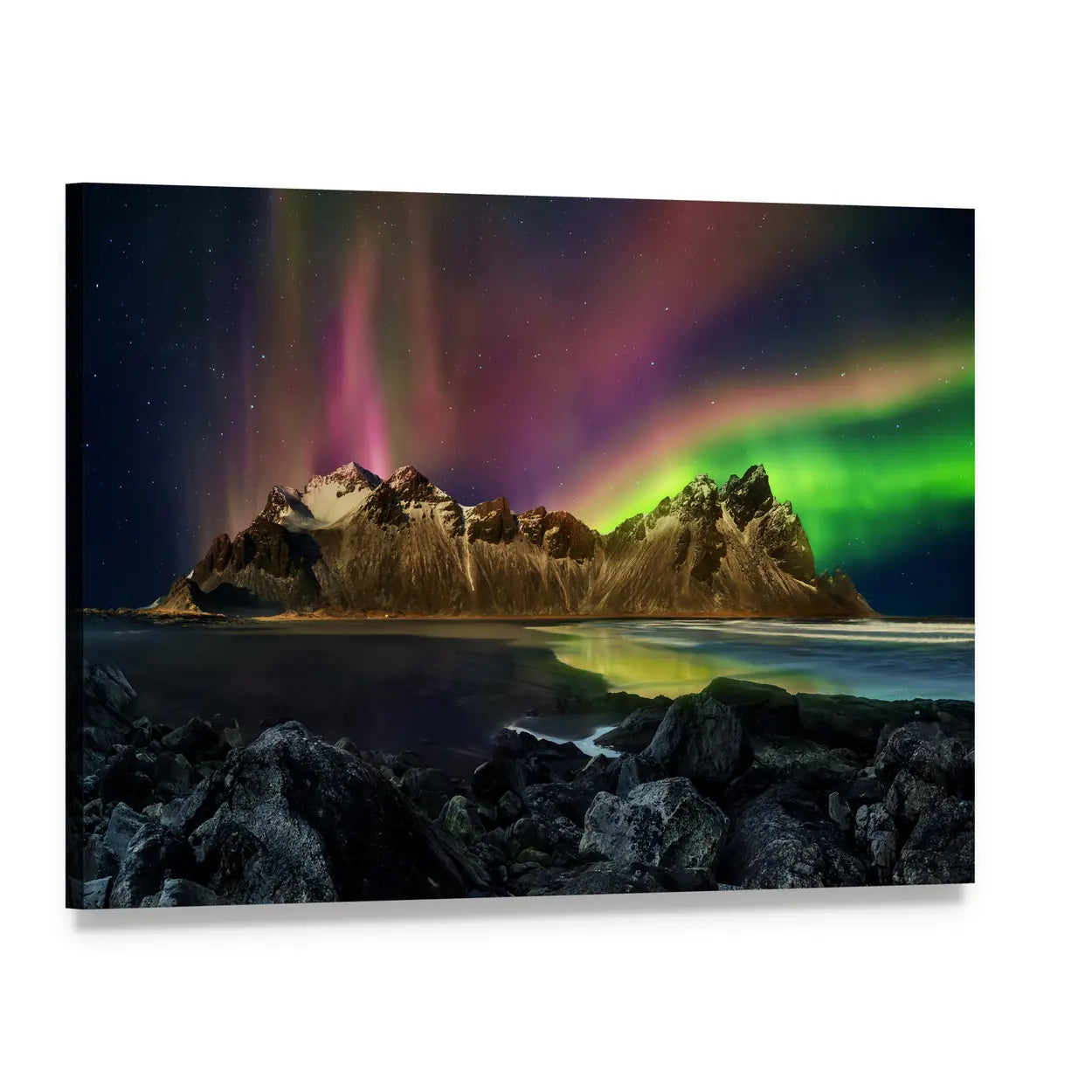 Aurora Over Vestrahorn Mountain Peaks Canvas Wall Art, single panel gallery wrapped canvas, angled product view