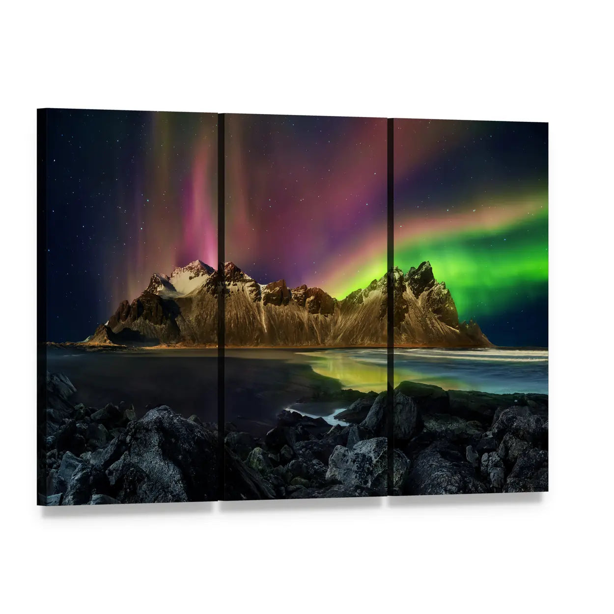 Aurora Over Snow-capped Mountains Canvas Wall Art, 3 panel 3 Horizontal layout gallery wrapped canvas set, angled product view