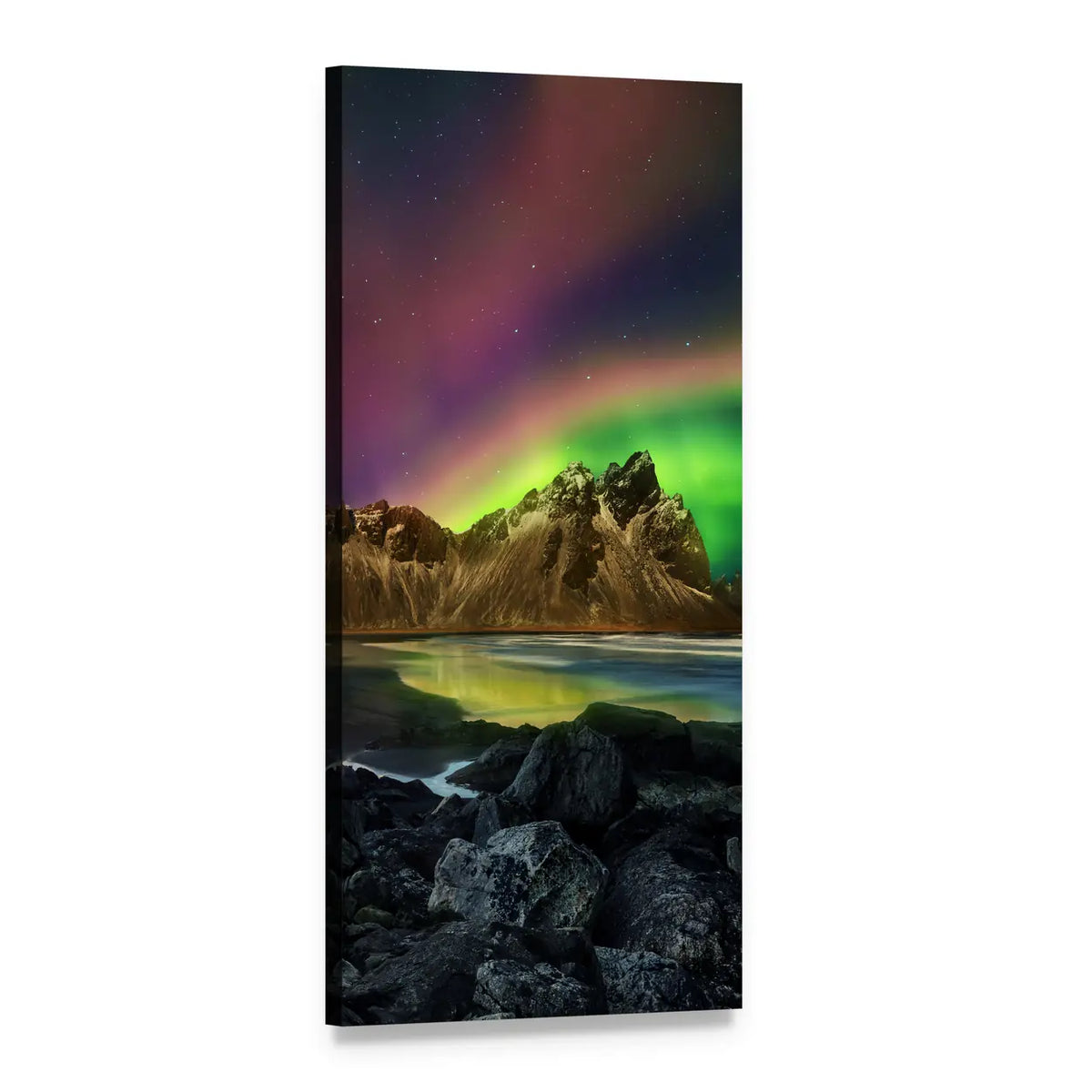 Vestrahorn Under Northern Lights Vertical Canvas Wall Art, 1 panel 1 Vertical layout gallery wrapped canvas set, angled product view