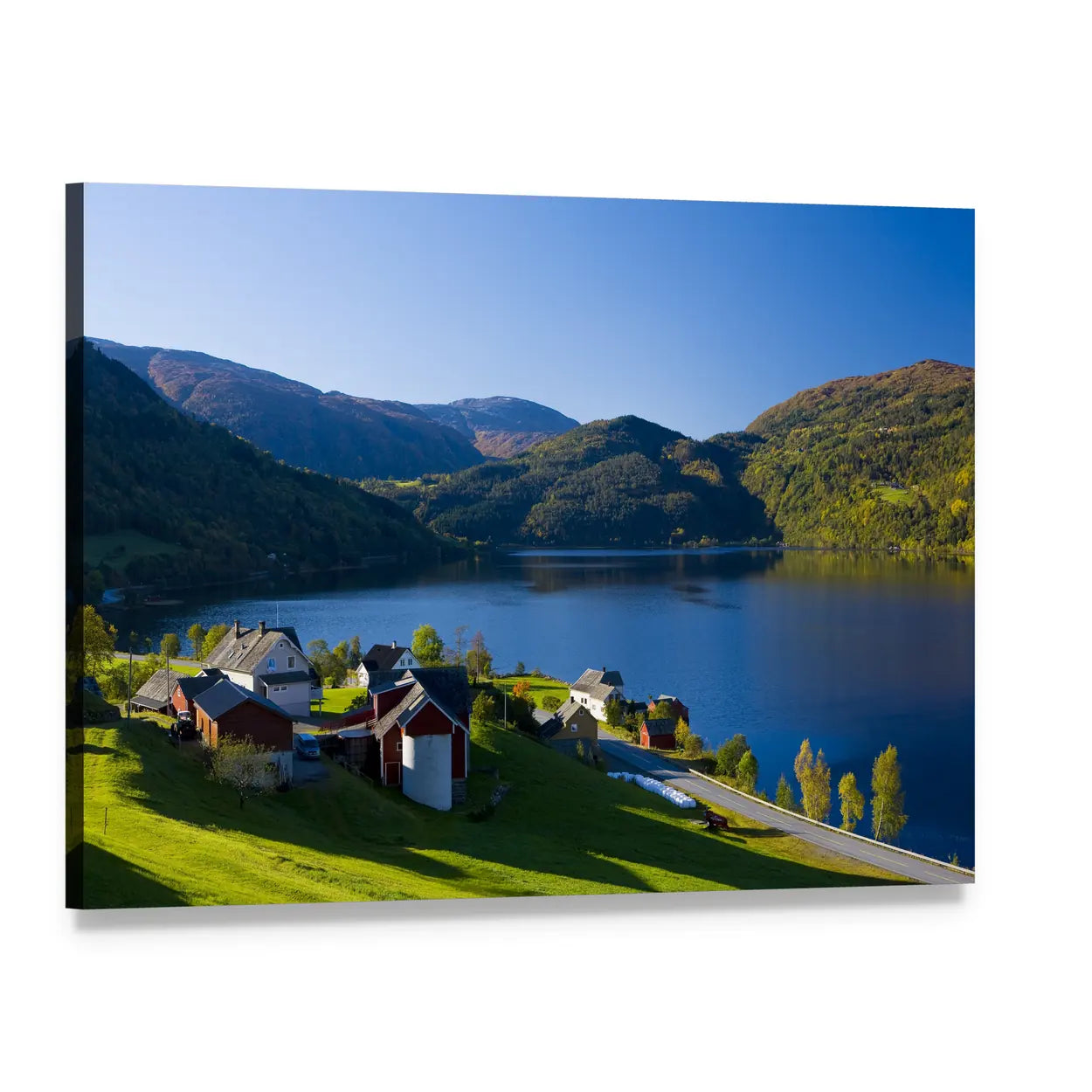 Norwegian Lake Village with Red and White Houses Canvas Wall Art, single panel gallery wrapped canvas, angled product view