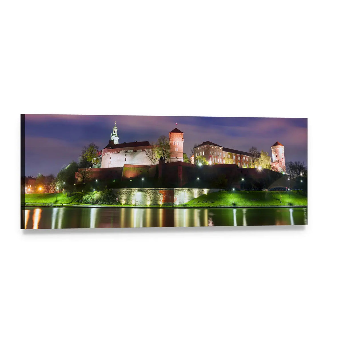 Medieval Castle Night Panorama Panoramic Canvas Wall Art, single panel gallery wrapped canvas, angled product view