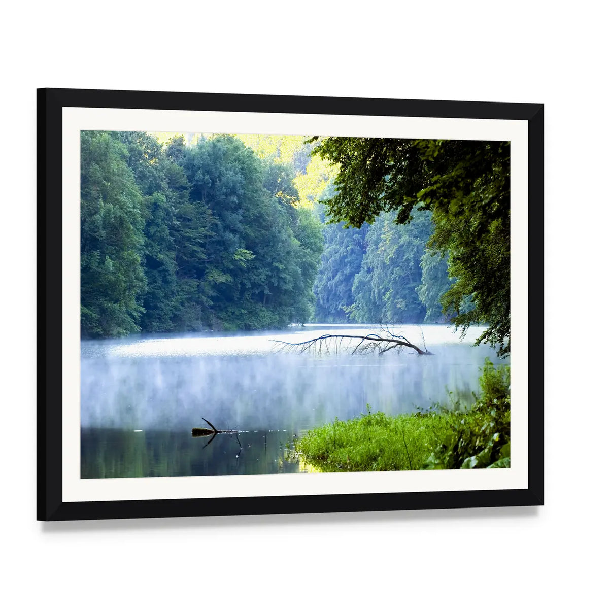 Forest Lake in Morning Mist Canvas Wall Art, framed print with white mat and black frame, angled product view
