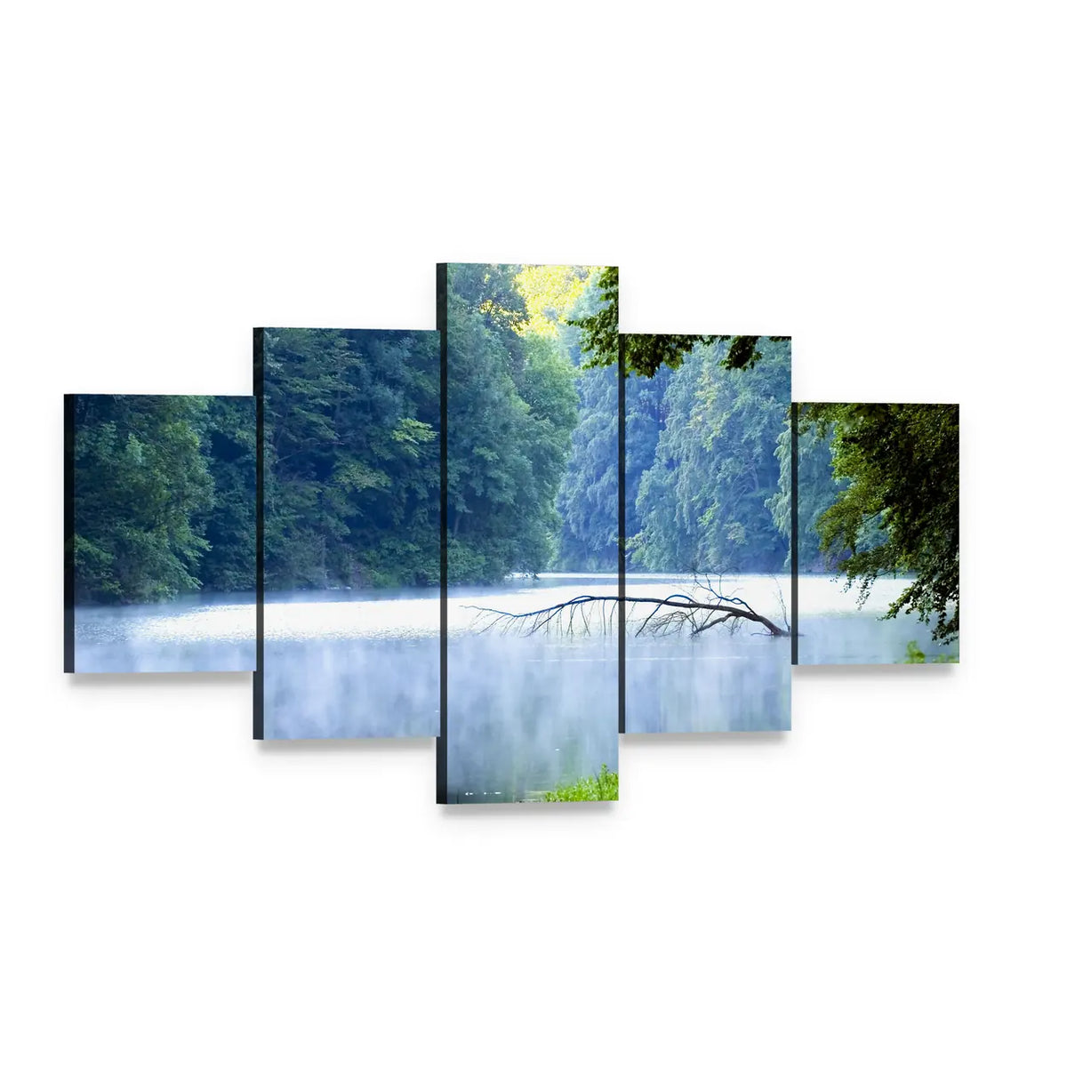 Forest Lake in Morning Mist Canvas Wall Art, 5 panel 5 Star layout gallery wrapped canvas set, angled product view