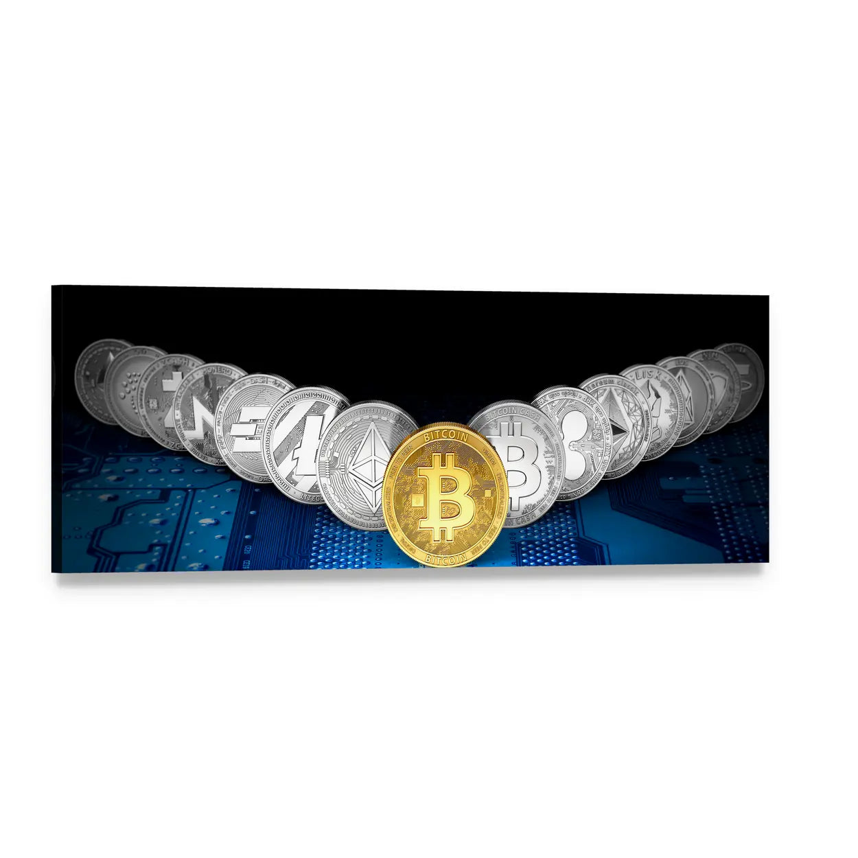 Golden Bitcoin with Silver Altcoins Panoramic Canvas Wall Art, single panel gallery wrapped canvas, angled product view