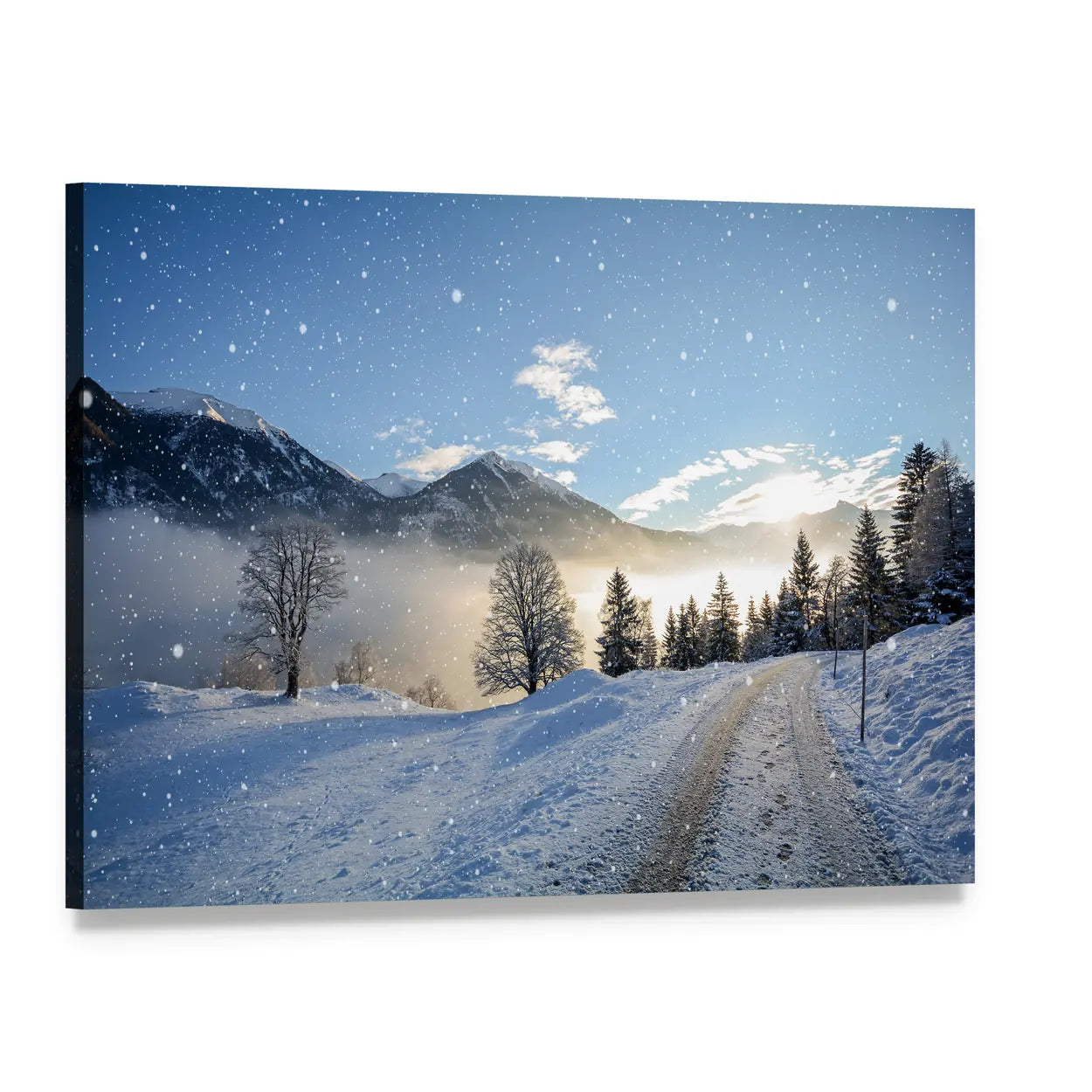 Icy Road with Snowfall Canvas Wall Art, single panel gallery wrapped canvas, angled product view