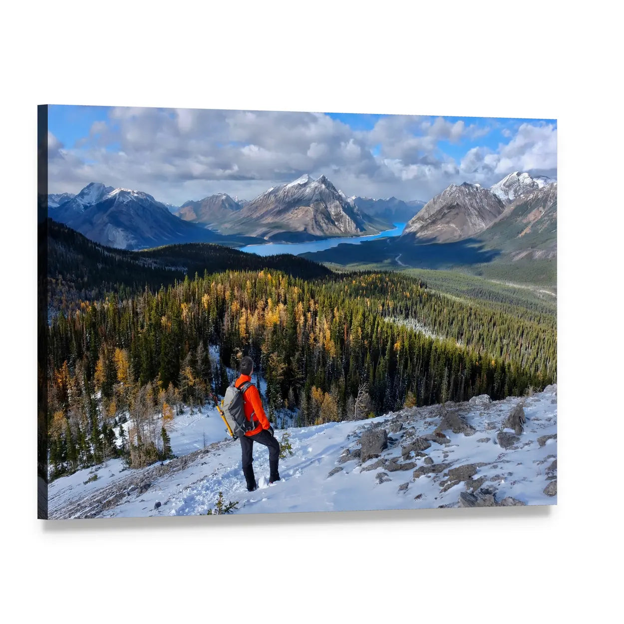 Hiker on Snowy Slope in the Rockies Canvas Wall Art, single panel gallery wrapped canvas, angled product view