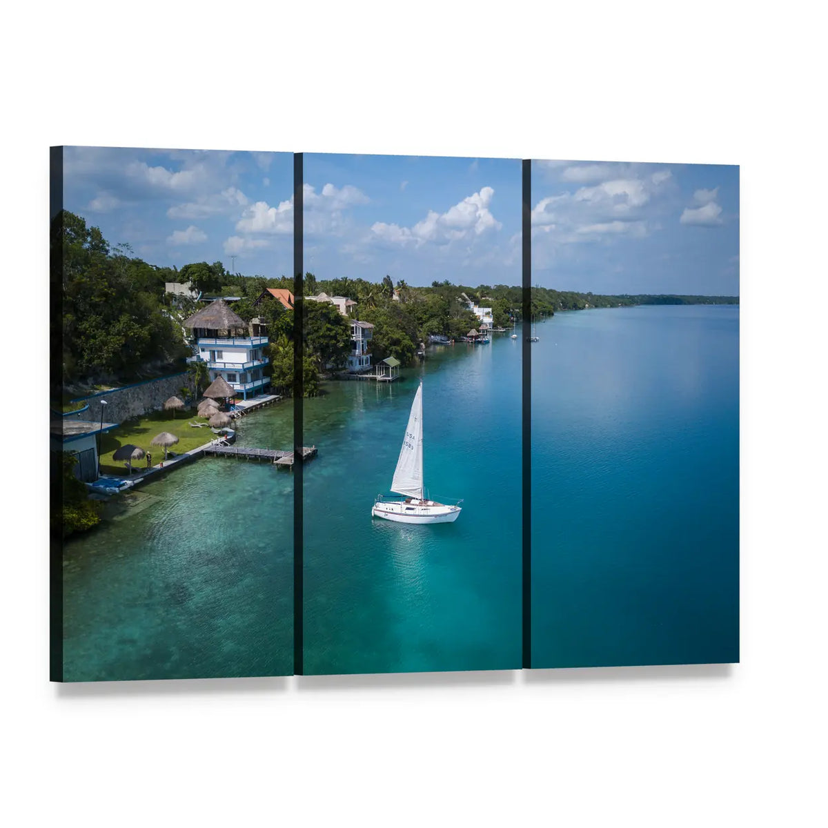 White Sailing Yacht in Mexico Canvas Wall Art, 3 panel 3 Horizontal layout gallery wrapped canvas set, angled product view