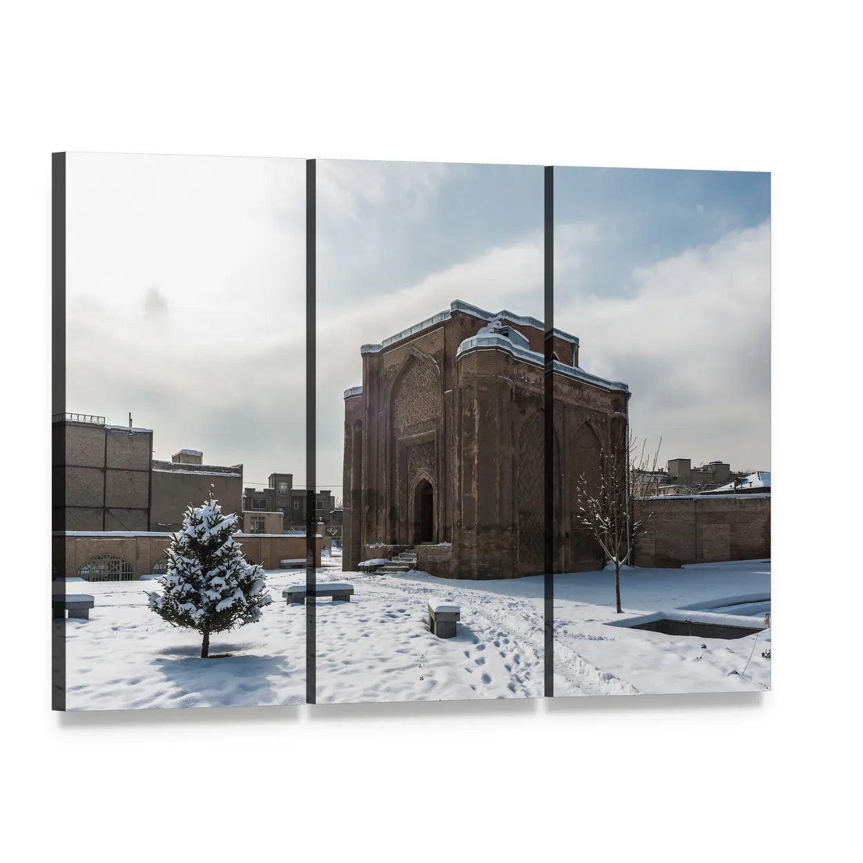 Gonbade Alavian in Winter Canvas Wall Art, 3 panel 3 Horizontal layout gallery wrapped canvas set, angled product view