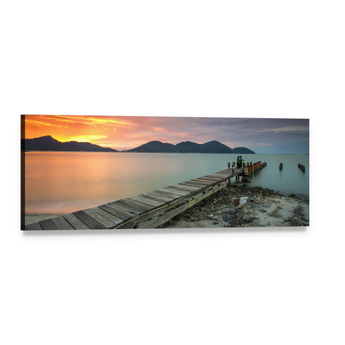 Sunset Over Lumut Lake Pier Panoramic Canvas Wall Art, single panel gallery wrapped canvas, angled product view