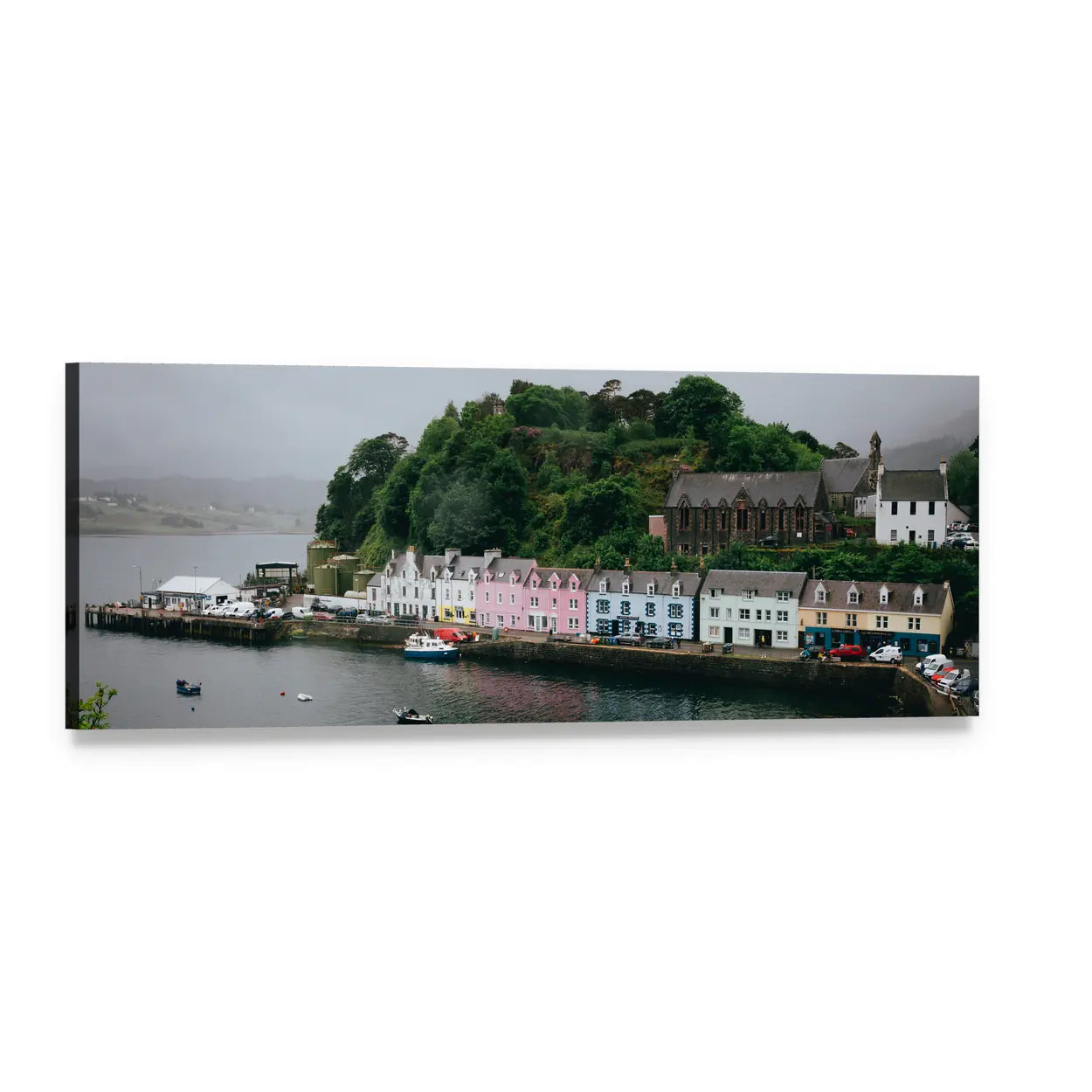 Colorful Harbor Village Panoramic Canvas Wall Art, single panel gallery wrapped canvas, angled product view
