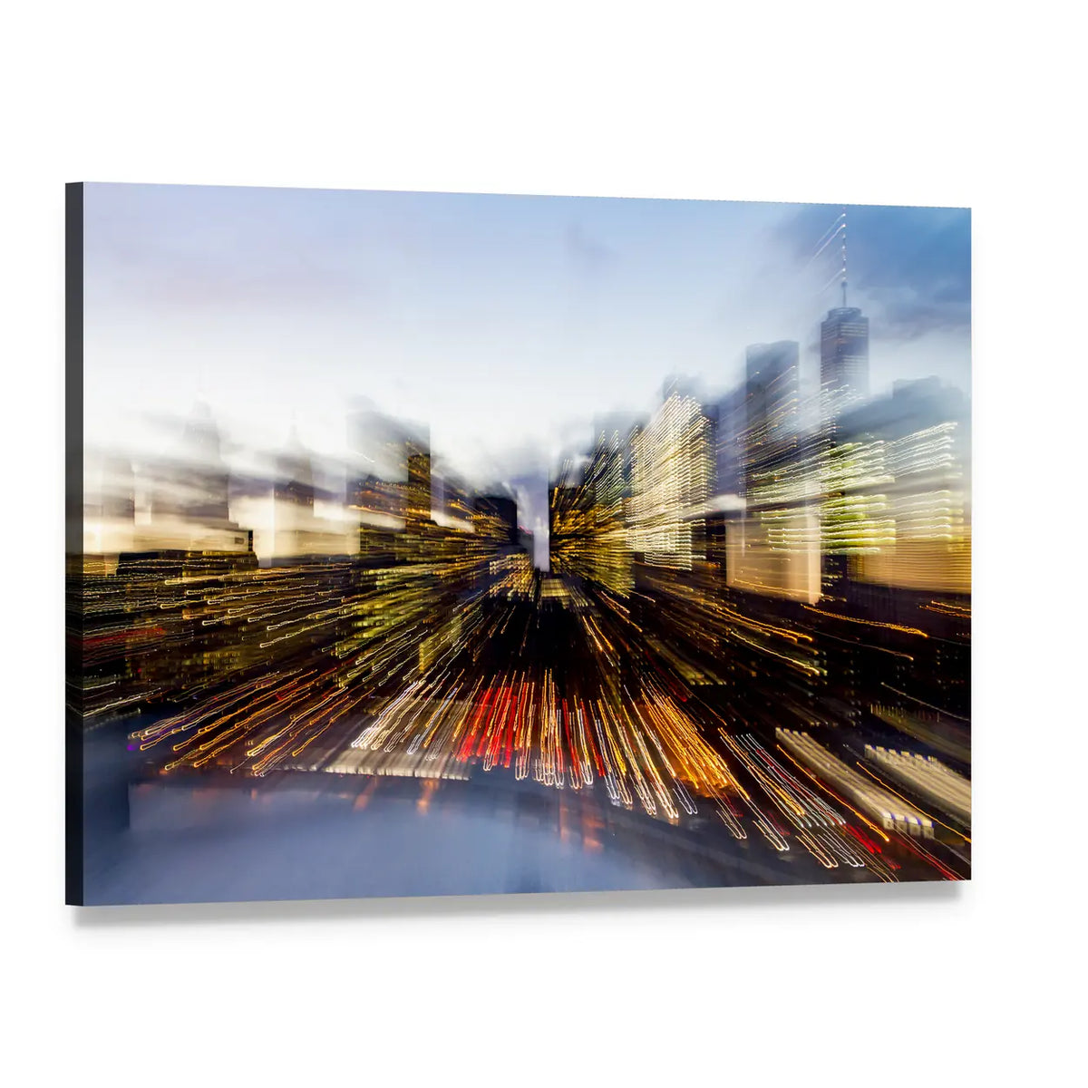 New York City Downtown Building Lights At Dusk In Manhattan Canvas Wall Art, single panel gallery wrapped canvas, angled product view